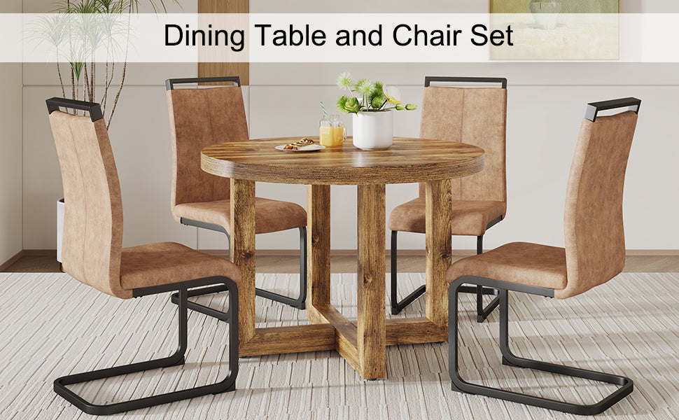 A Modern And Practical Circular Dining Table. Made Of Mdf Tabletop And Wooden Mdf Table Legs. 4 Piece Technology Cloth High Backrest Cushion Side Chair, C Shaped Tube Black Metal Legs. Ct 403C 1162 Natural Wood Mdf