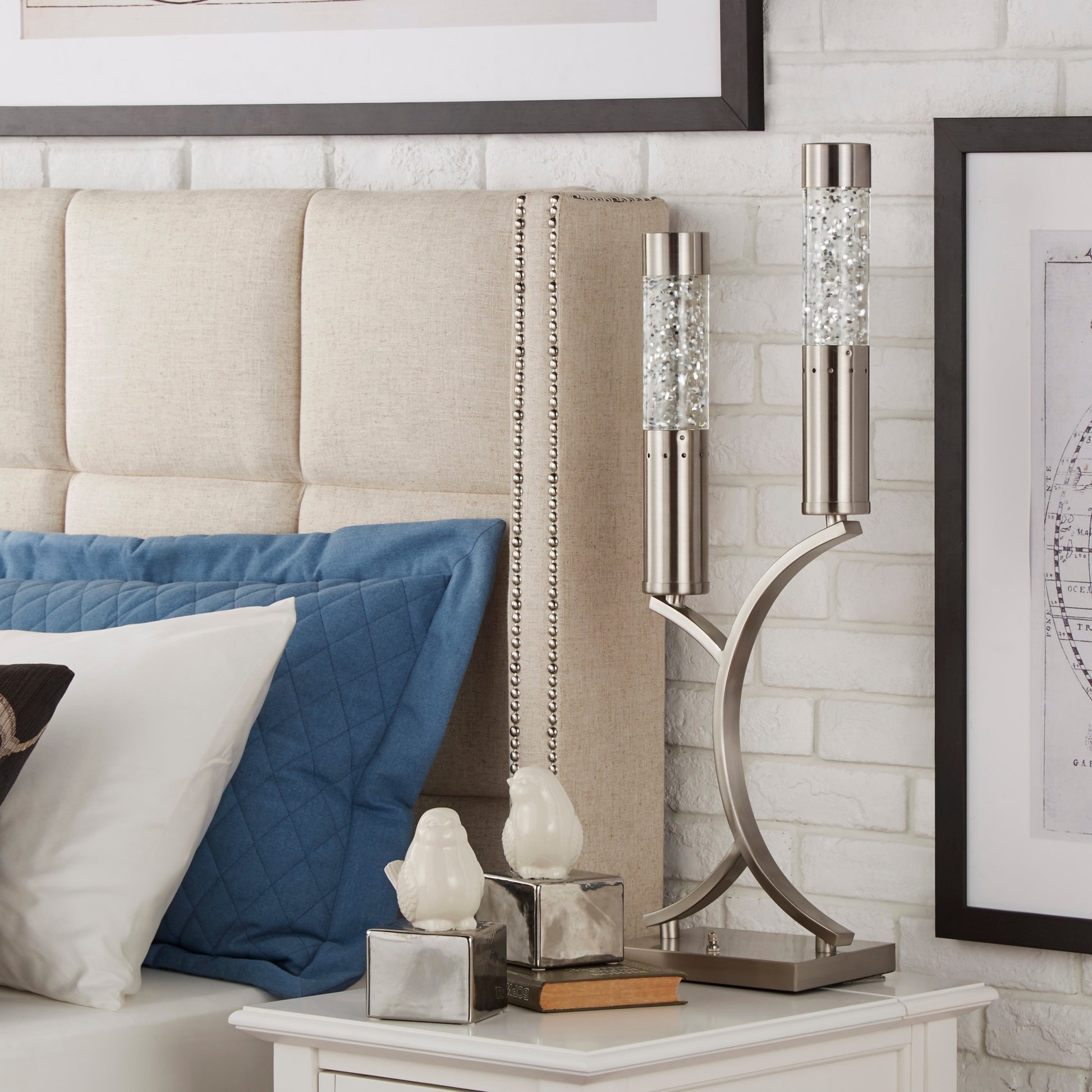 Luxurious Table Lamp 1Pc Satin Nickel Finish Metal Sparkling Decorative Designer Home Decor Table Lamp 2 Water Dancing Lights Nickel Table&Floor Lamps Luxury,Modern,Ultra Modern Metal