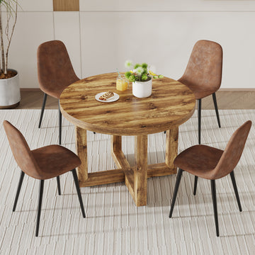 A Modern And Practical Circular Dining Table. Made Of Mdf Tabletop And Wooden Mdf Table Legs. A Set Of 4 Brown Cushioned Chairs.Ct 403B0501A Natural Wood Mdf