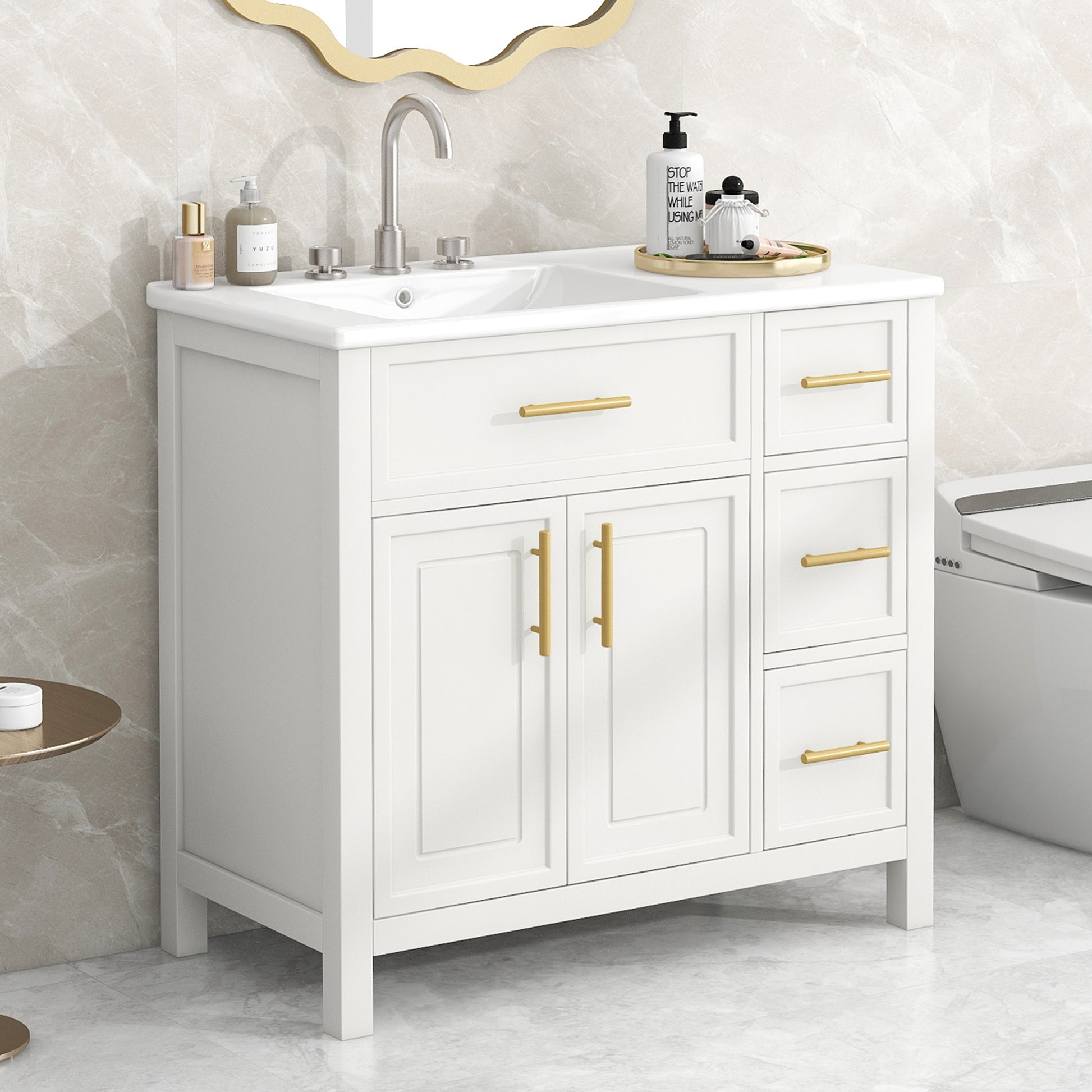 36" Bathroom Vanity With Sink Top, Bathroom Vanity Cabinet With Two Doors And Three Drawers, Solid Woodmdf Boards ,One Package, White White Solid Wood Mdf
