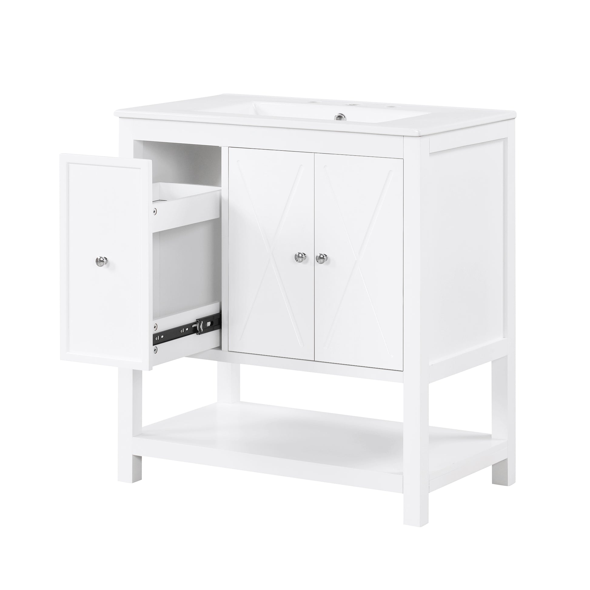 30" Bathroom Vanity With Sink Top, Bathroom Vanity Cabinet With Two Doors And One Drawer, Mdf Boards, Solid Wood, One Package, White White Solid Wood Mdf