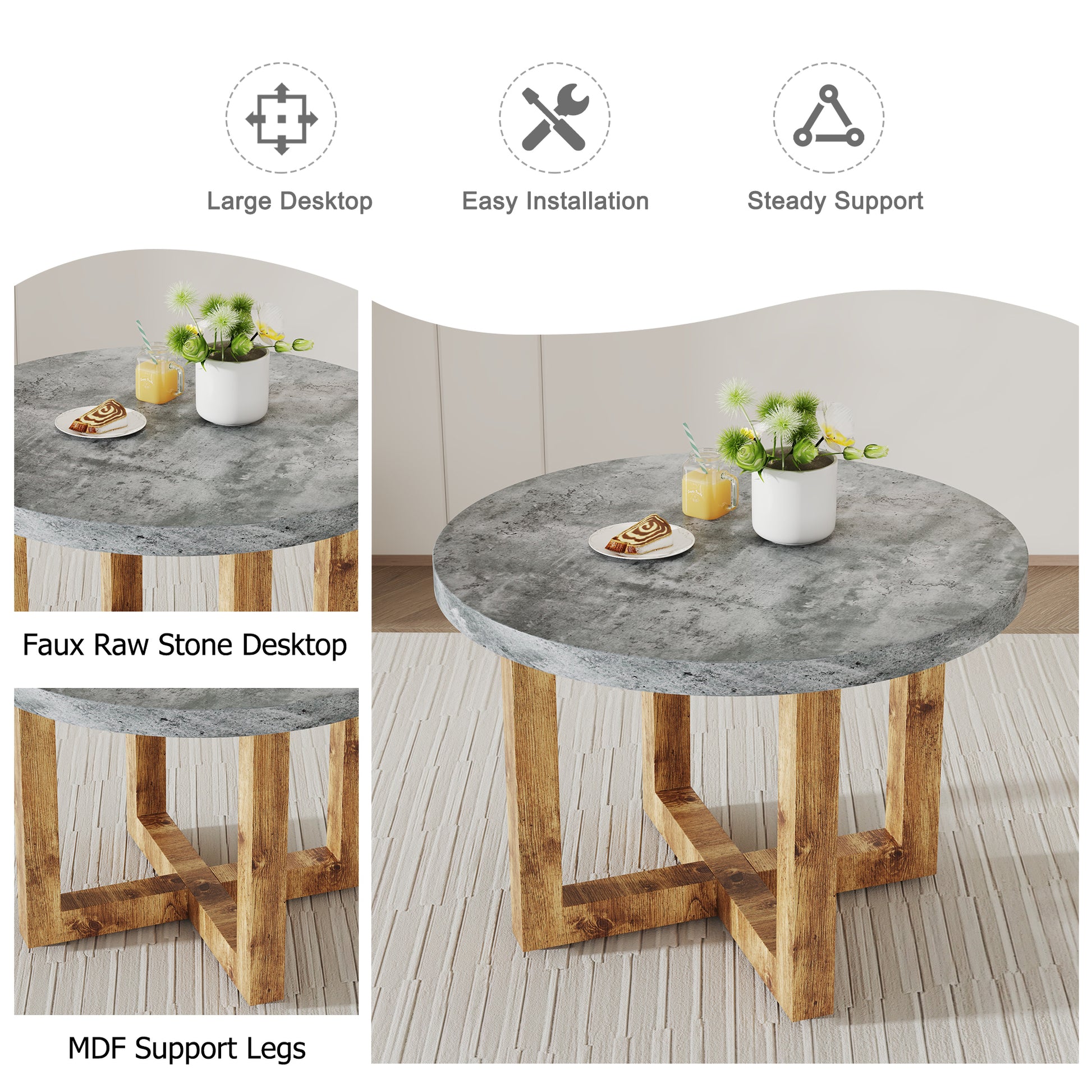 A Modern And Practical Circular Dining Table. Made Of Mdf Tabletop And Wooden Mdf Table Legs. A Set Of 4 Cushioned Chairs.Ct 403B0501A Grey Mdf