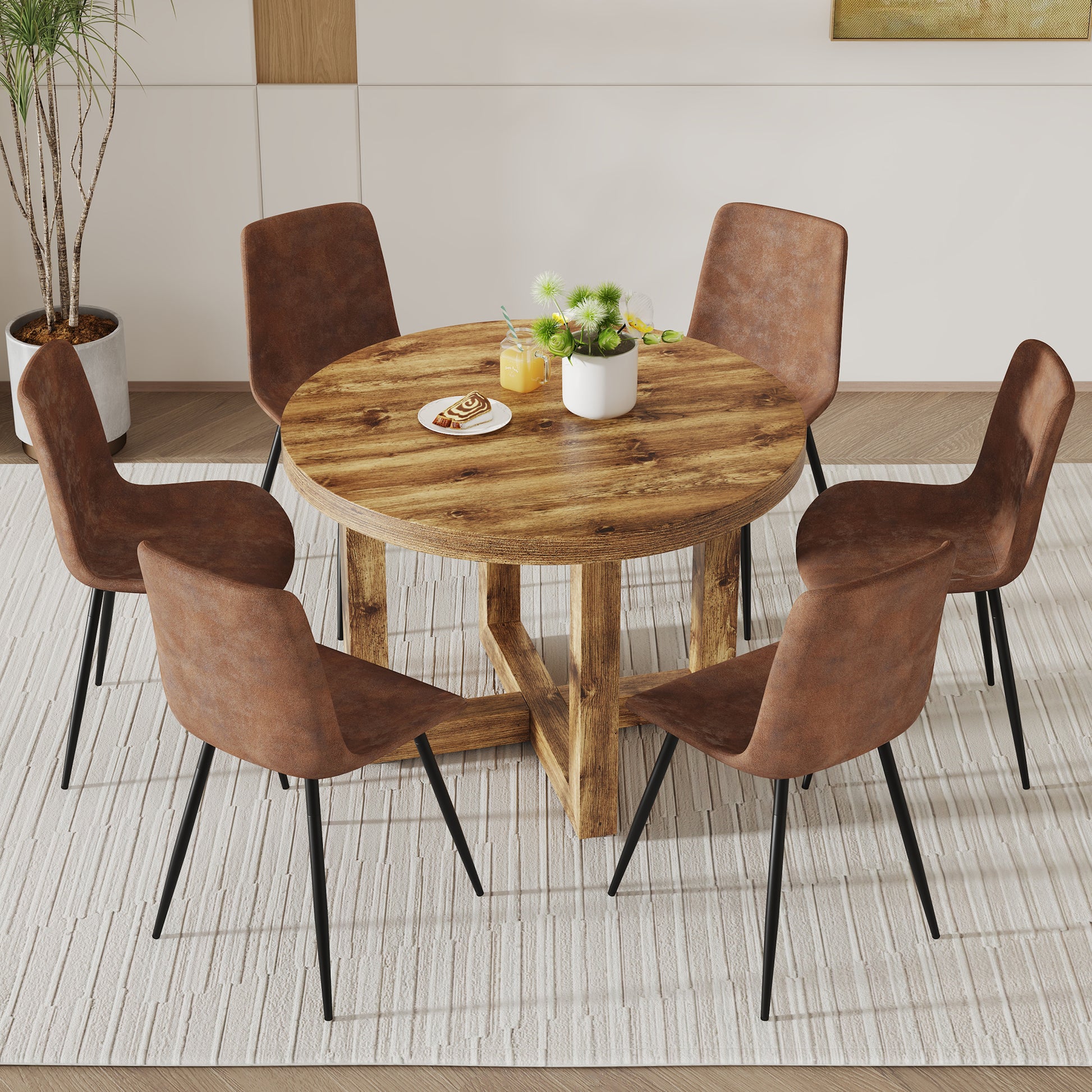 A Modern And Practical Circular Dining Table. Made Of Mdf Tabletop And Wooden Mdf Table Legs. Modern Medieval Style Dining Chair Set. A Set Of 6 Brown Cushioned Chairs. Ct 403 B0502A Natural Wood Mdf