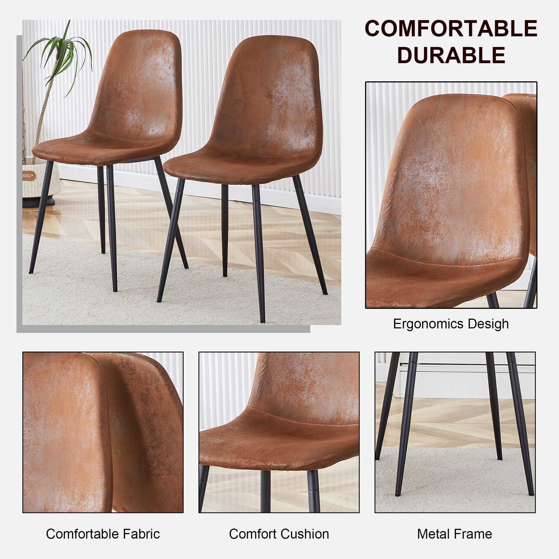 A Modern And Practical Circular Dining Table. Made Of Mdf Tabletop And Wooden Mdf Table Legs. A Set Of 6 Brown Cushioned Chairs.Ct B0501A Natural Wood Mdf