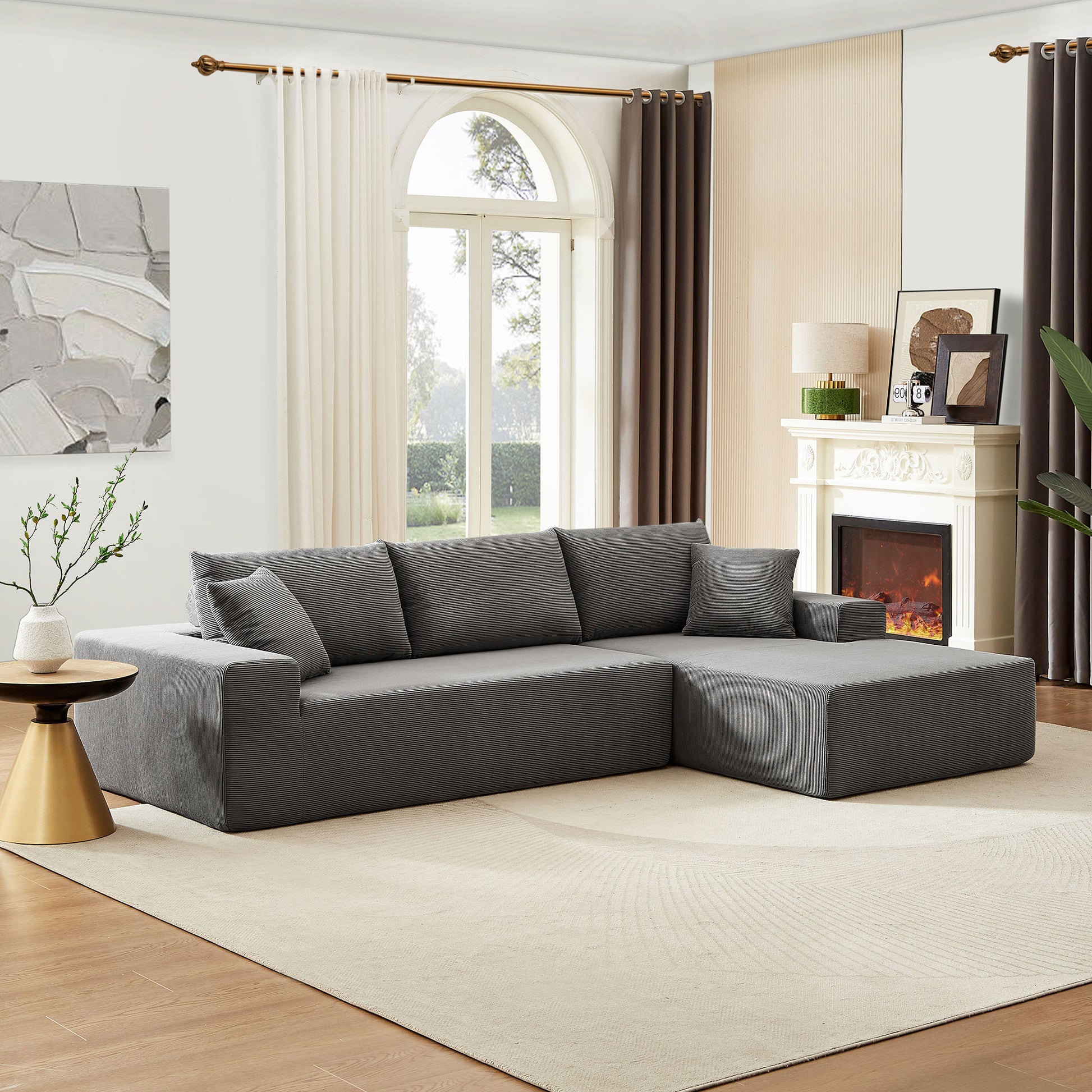 L Shape Sectional Sofa Corduroy Couches Modular Sectional Living Room Sofa Set Upholstered Sleeper Sofa For Living Room, Bedroom, Salon,.Grey Gray Corduroy 3 Seat