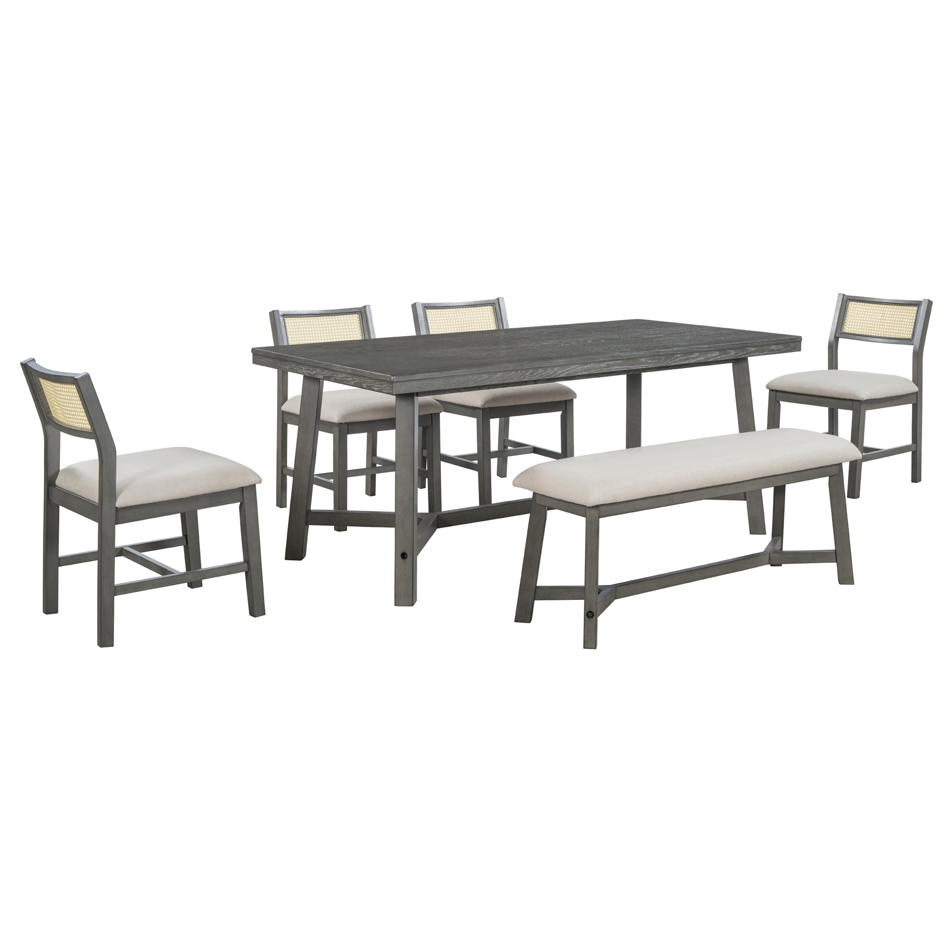 6 Piece Retro Farmhouse Style Dining Set, Rectangular Table And 4 Upholstered Chairs With Rattan And Bench For Dining Room And Kitchen Gray Gray Solid Wood Mdf