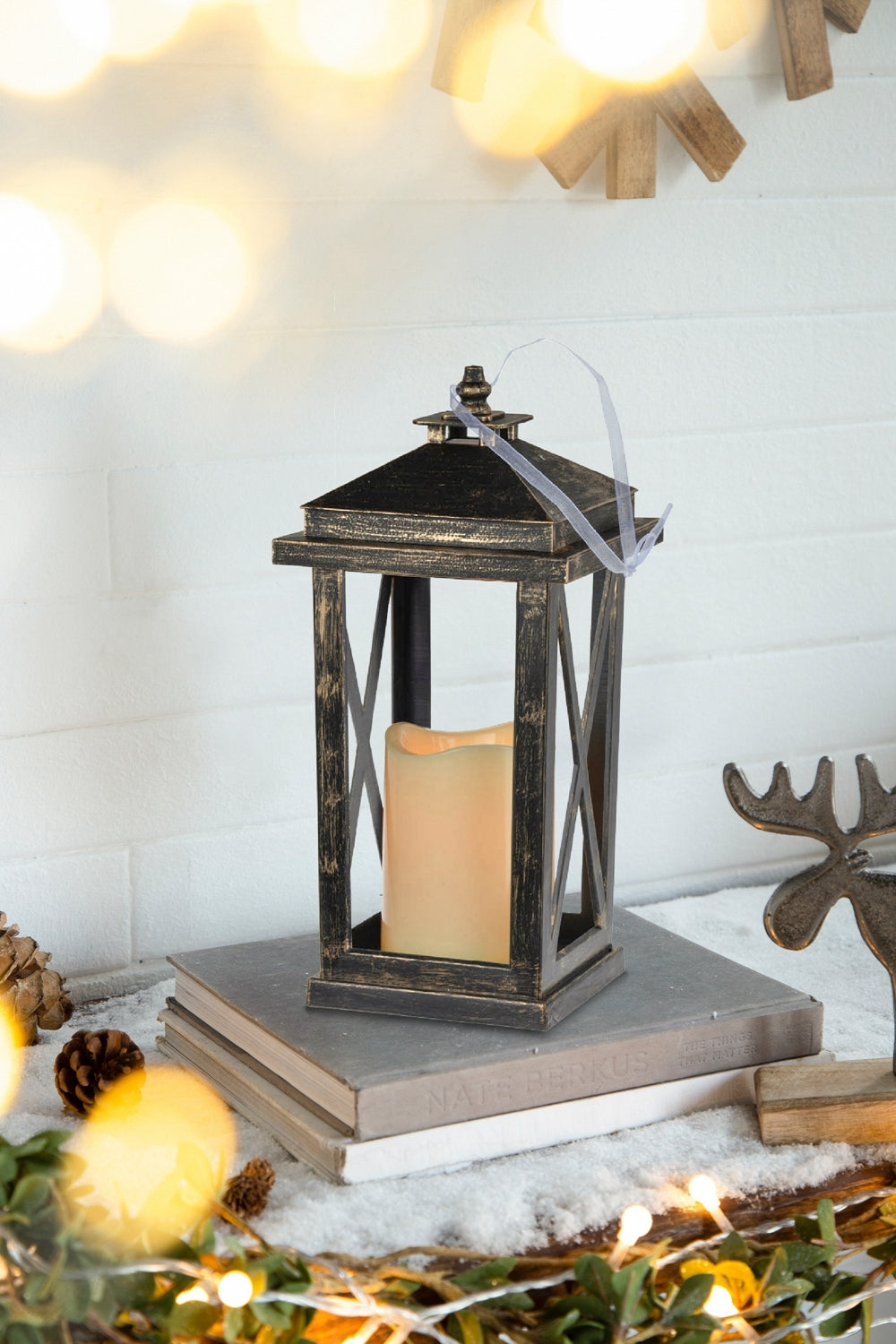 Set of 2 Menifee Lantern with Led Candle, Tall 5x5x11" antique black-antique-contemporary-modern-plastic