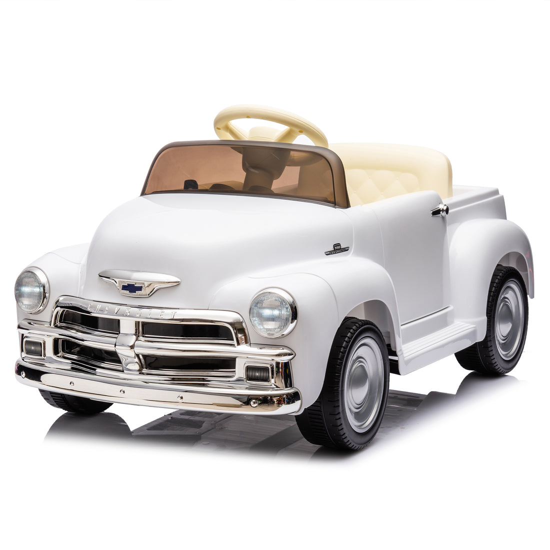 12V Kids Ride On Truck Car W Parents Control, Licensed Chevrolet 3100 Pickup,Electric Car For Kid,Vintage Modeling,3 Speeds,Led Lights,Bluetooth,Usb,High Power Up To 3.11 Mph,Age 3 White Polypropylene