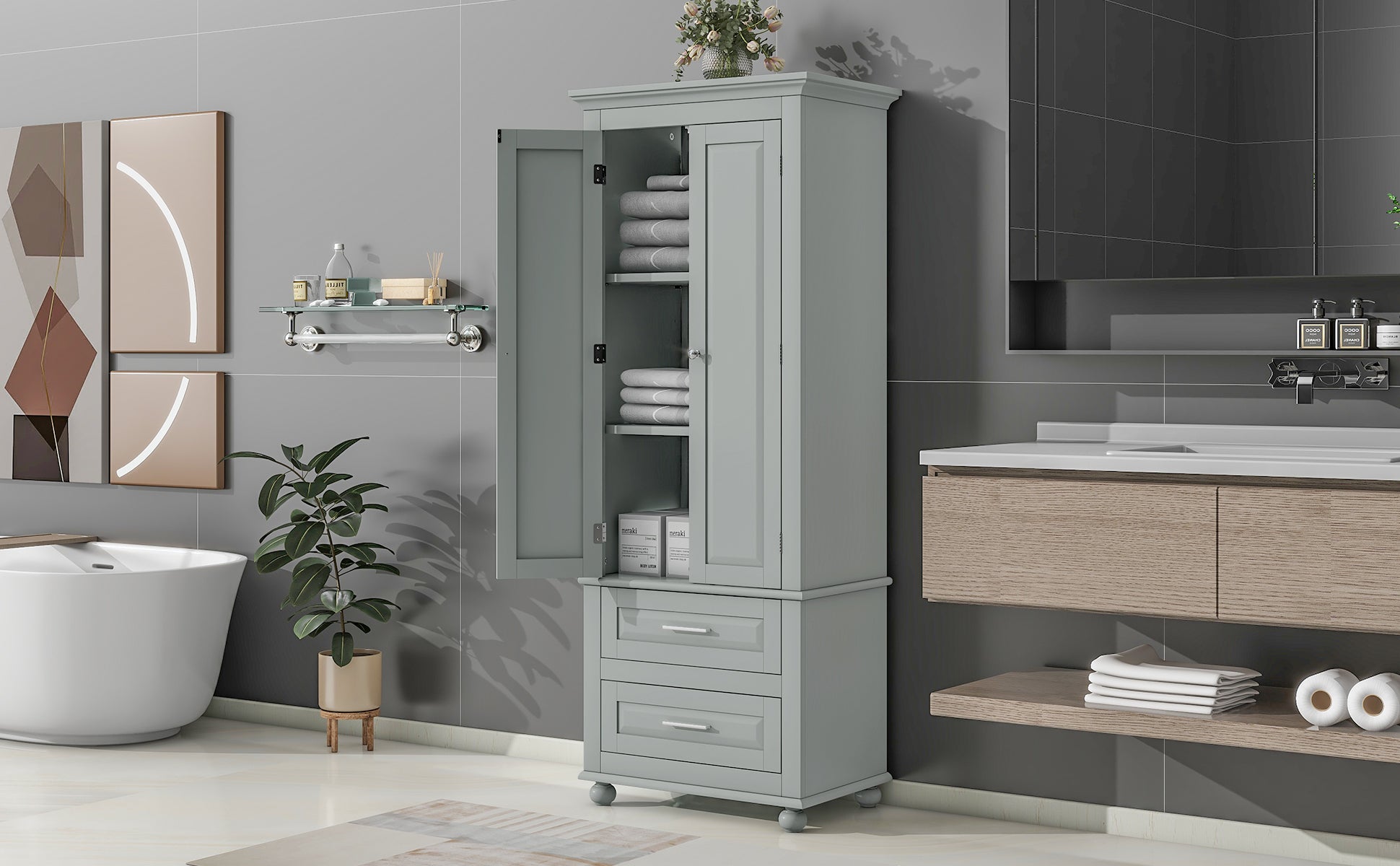 Tall Storage Cabinet With Two Drawers For Bathroom Office, Grey Grey Mdf