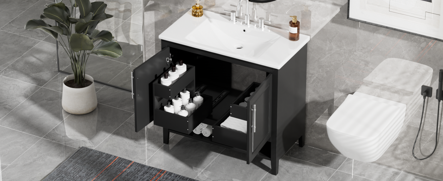 36" Bathroom Vanity With Sink, Multi Functional Bathroom Cabinet With Doors And Drawers, Mdf Frame And Mdf Board, Black Black Solid Wood Mdf