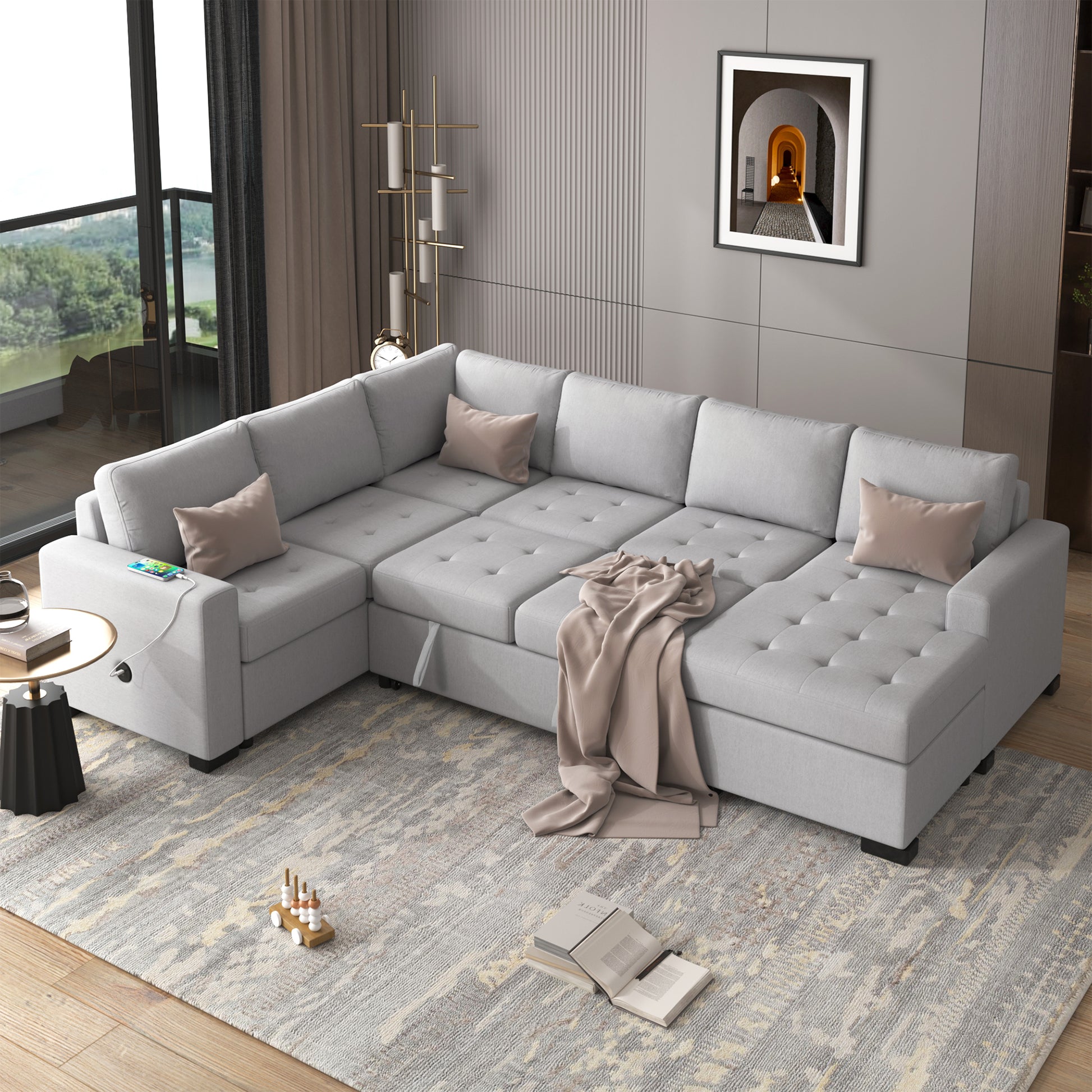 Sectional Sleeper Sofa With Pull Out Bed And Lounge Chair, Usb And Type C Interfaces, Suitable For Living Room, Office, And Spacious Spaces Gray Polyester