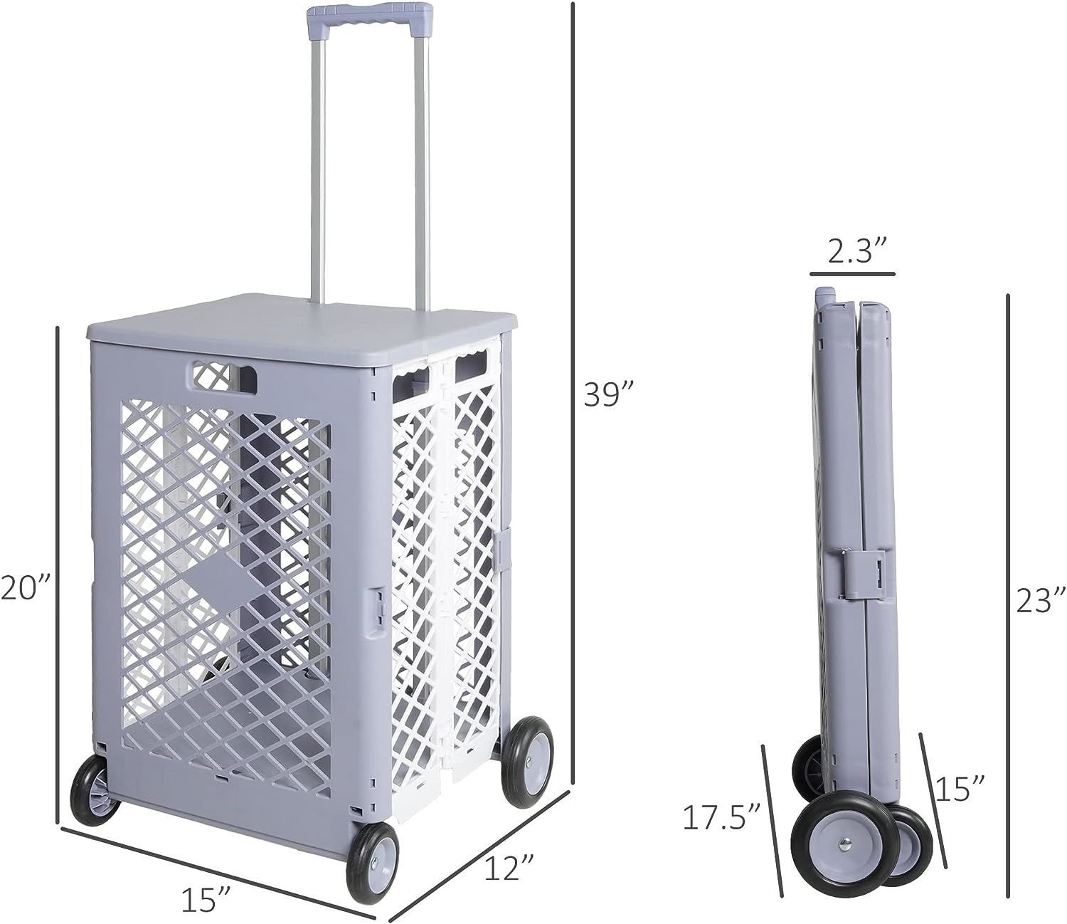 55L Foldable Rolling Cart With Wheels, Portable Updated Utility Tools With Lid Rolling Crate W Telescopic Handle, Gray Gray Polypropylene