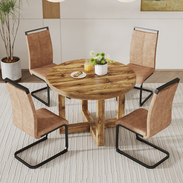 A Modern And Practical Circular Dining Table. Made Of Mdf Tabletop And Wooden Mdf Table Legs. 4 Piece Technology Cloth High Backrest Cushion Side Chair, C Shaped Tube Black Metal Legs. Ct 403C 1162 Natural Wood Mdf