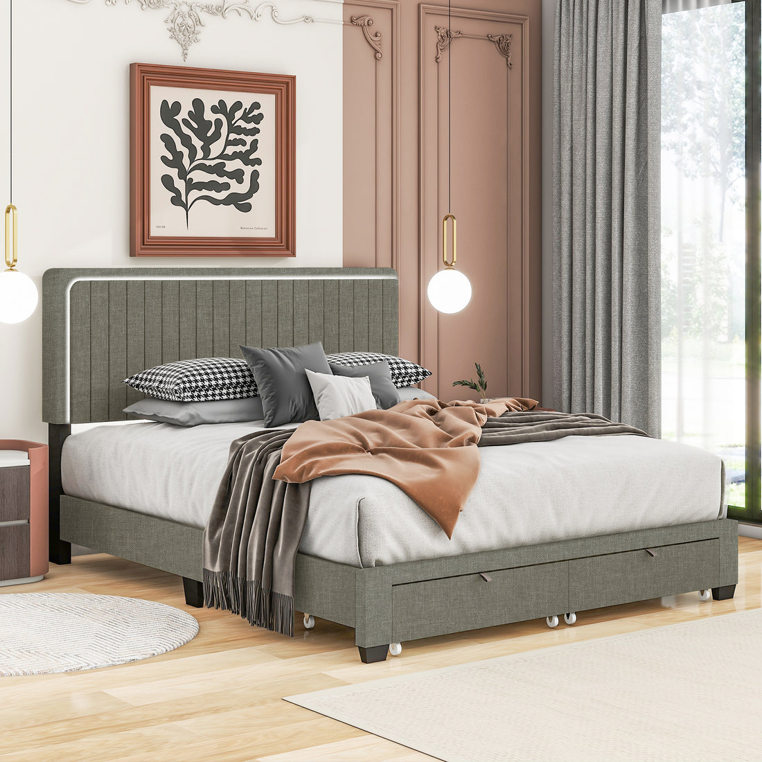Queen Size Upholstered Bed With Adjustable Height Mattress 10 To 14 Inches Led Design With Footboard Drawers Storage No Box Spring Required Stone Gray Box Spring Not Required Queen Stone Gray Wood Espresso Bedroom American