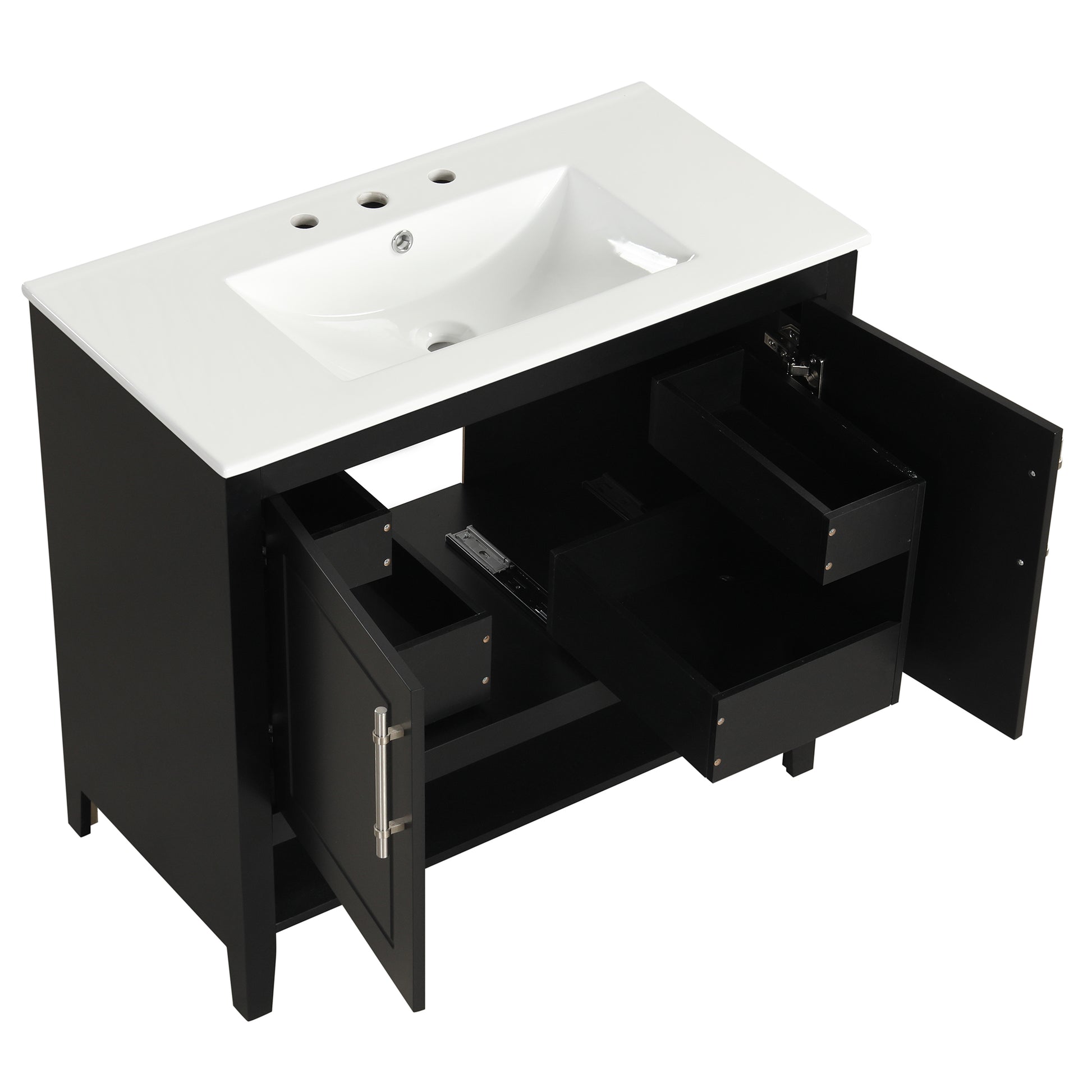 36" Bathroom Vanity With Sink, Multi Functional Bathroom Cabinet With Doors And Drawers, Mdf Frame And Mdf Board, Black Black Solid Wood Mdf