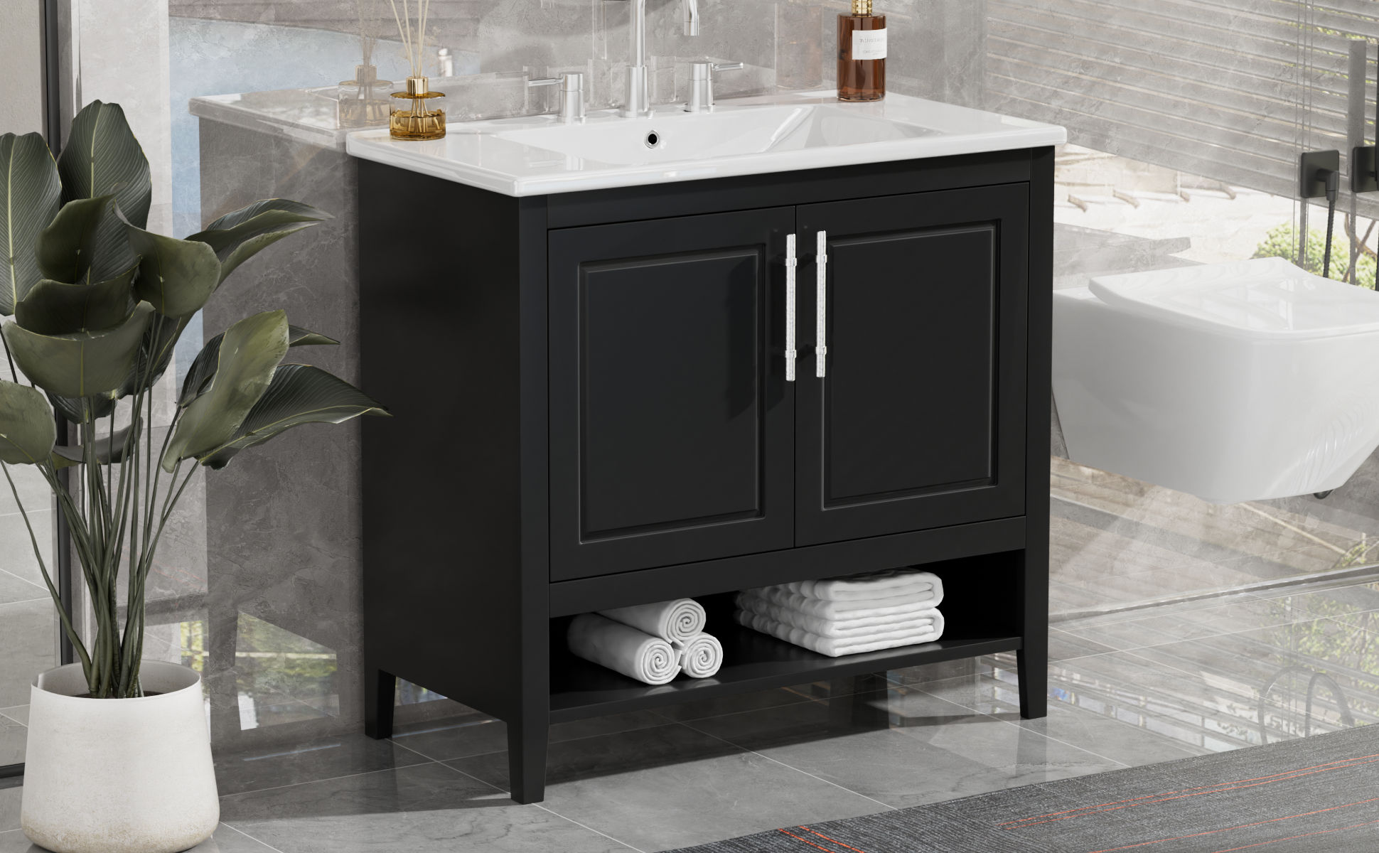 36" Bathroom Vanity With Sink, Multi Functional Bathroom Cabinet With Doors And Drawers, Mdf Frame And Mdf Board, Black Black Solid Wood Mdf