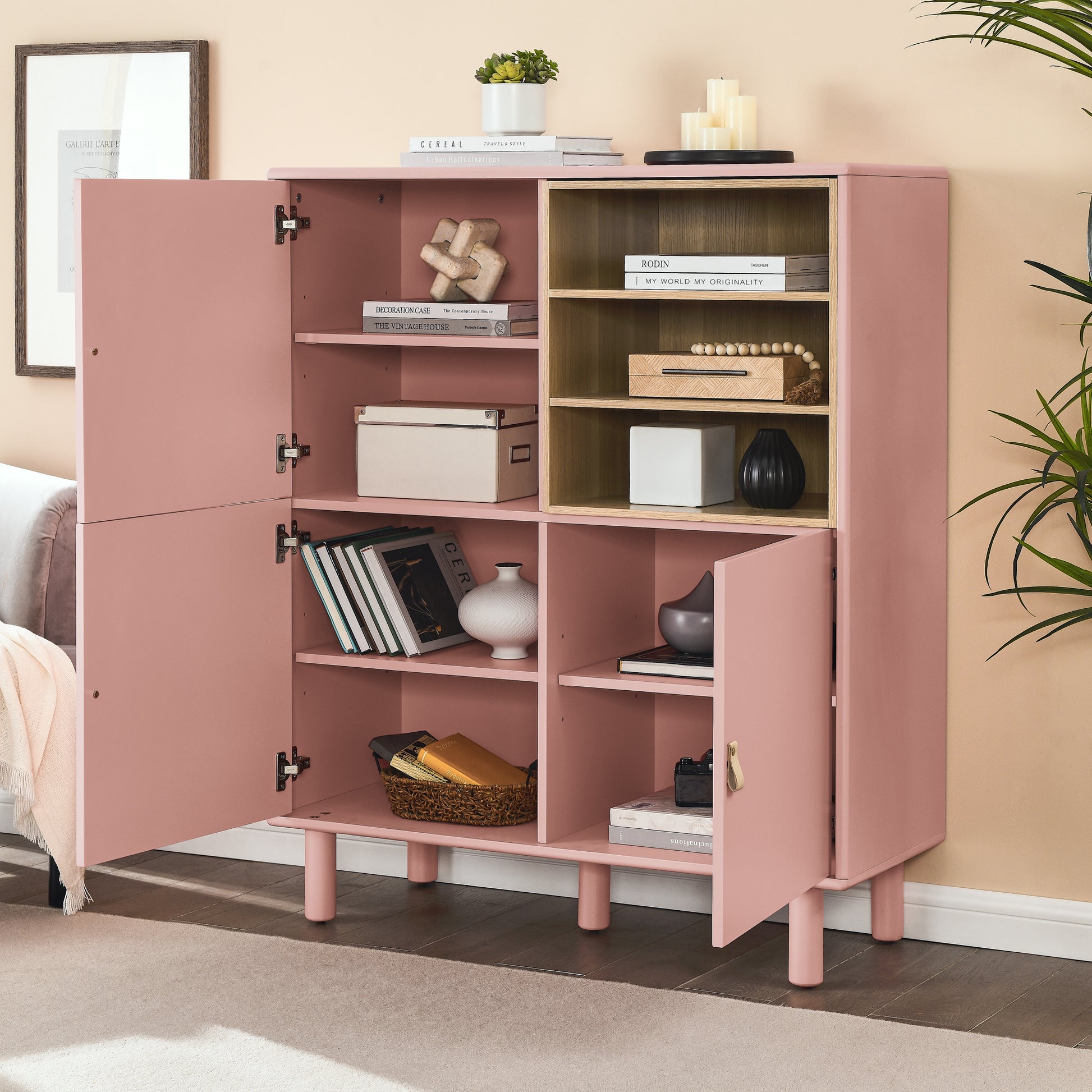 Storage Cabinet With Door, Multifunctional Storage Cabinet, Modern Sideboard Cabinet, Wooden Storage Cabinet, Leather Handle Drawer Cabinet, Home Storage Cabinet, Office Cabinet Pink Solid Wood Mdf