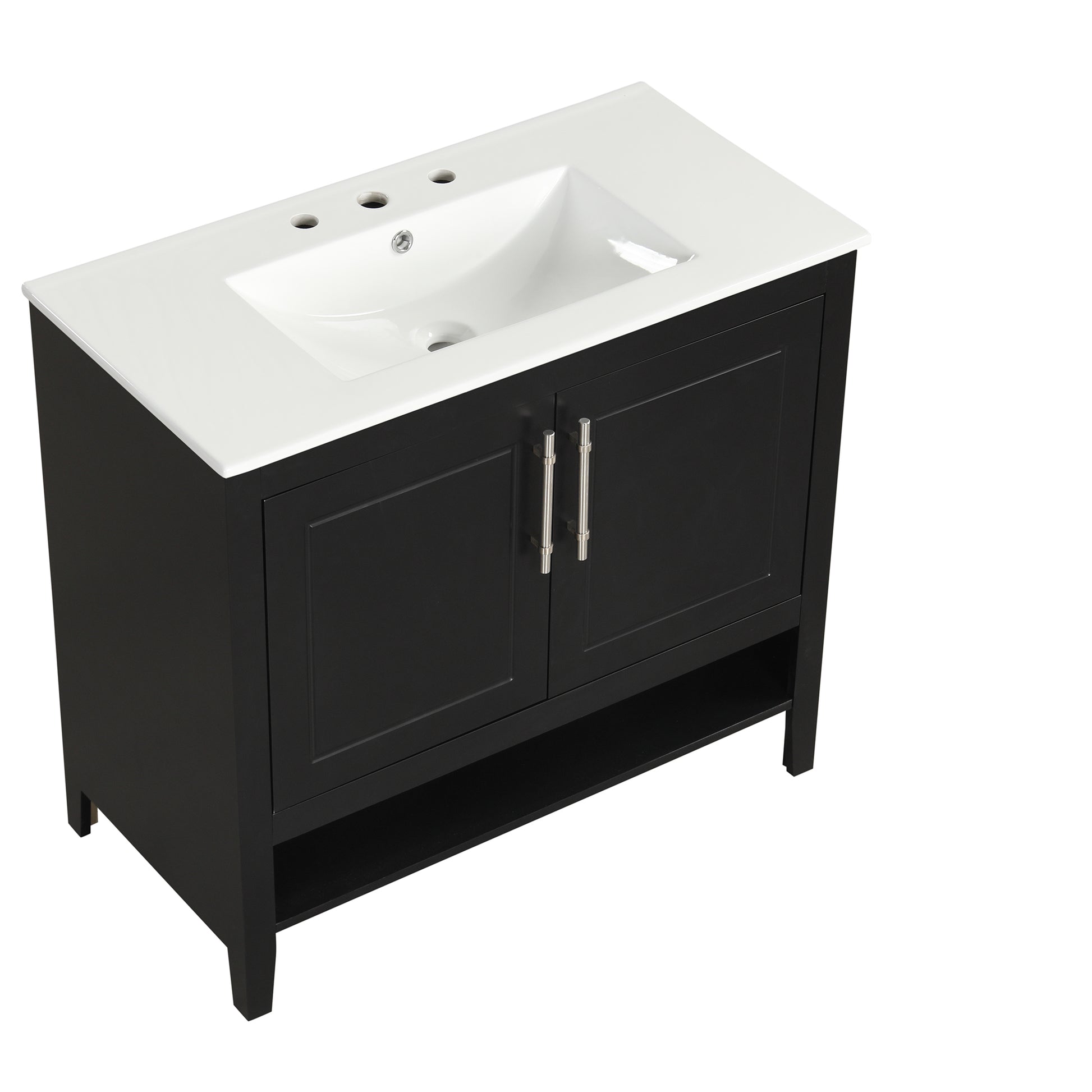 36" Bathroom Vanity With Sink, Multi Functional Bathroom Cabinet With Doors And Drawers, Mdf Frame And Mdf Board, Black Black Solid Wood Mdf