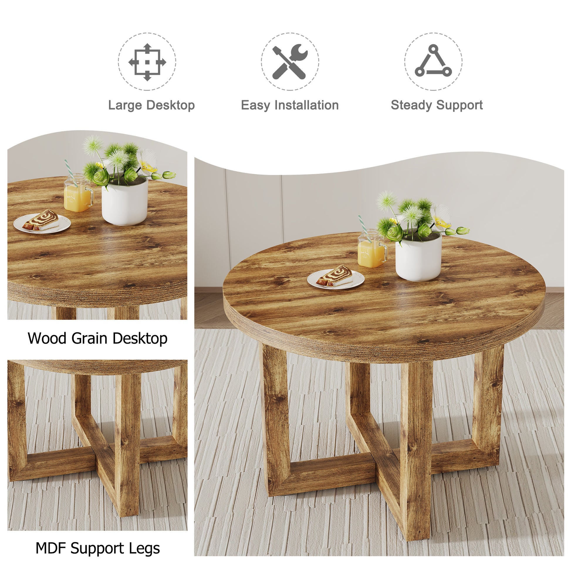 A Modern And Practical Circular Dining Table. Made Of Mdf Tabletop And Wooden Mdf Table Legs. A Set Of 4 Brown Cushioned Chairs.Ct 403B0501A Natural Wood Mdf