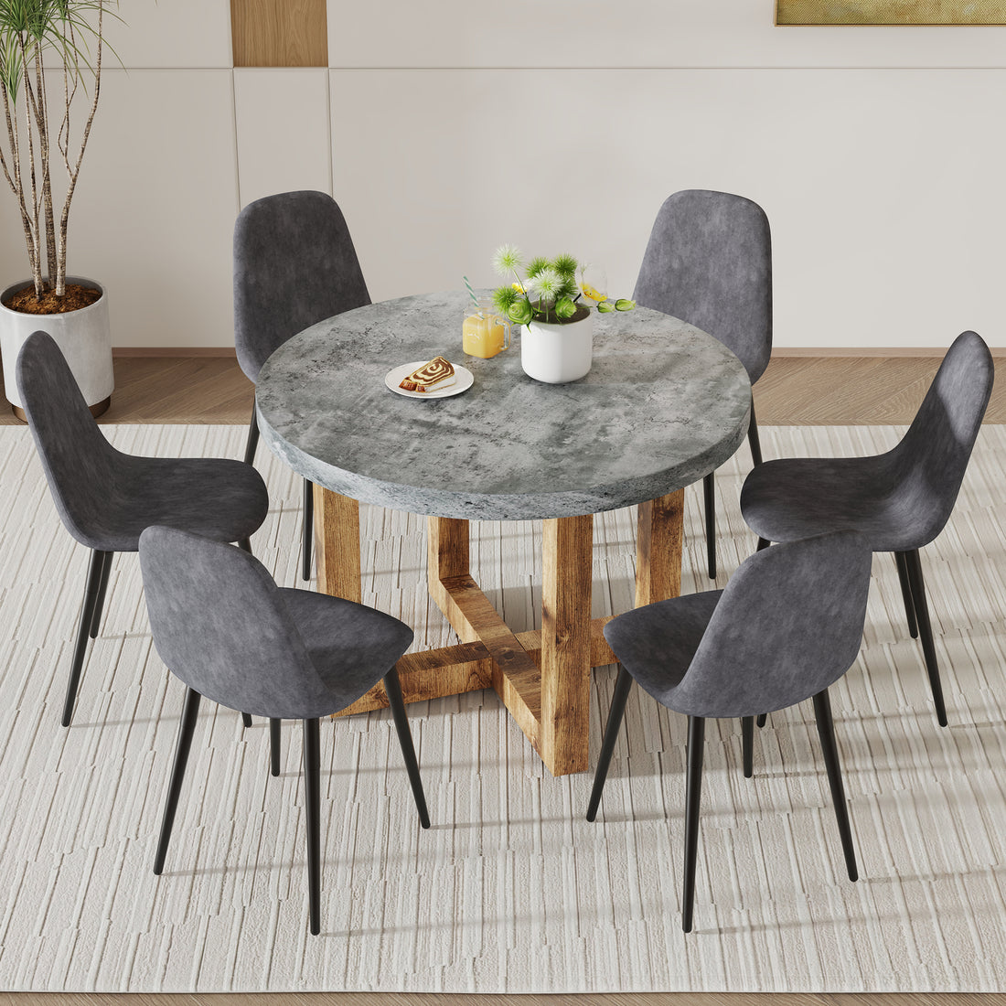 A Modern And Practical Circular Dining Table. Made Of Mdf Tabletop And Wooden Mdf Table Legs. A Set Of 6 Cushioned Chairs.Ct 403B0501A Natural Wood Mdf