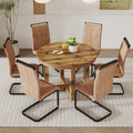 A Modern And Practical Circular Dining Table. Made Of Mdf Tabletop And Wooden Mdf Table Legs. 6 Piece Technology Cloth High Backrest Cushion Side Chair, C Shaped Tube Black Metal Legs. Ct 403C 1162 Brown Mdf