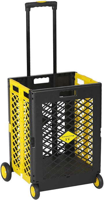 55L Foldable Rolling Cart With Wheels, Portable Updated Utility Tools Rolling Crate W Telescopic Handle, Yellow Yellow Polypropylene