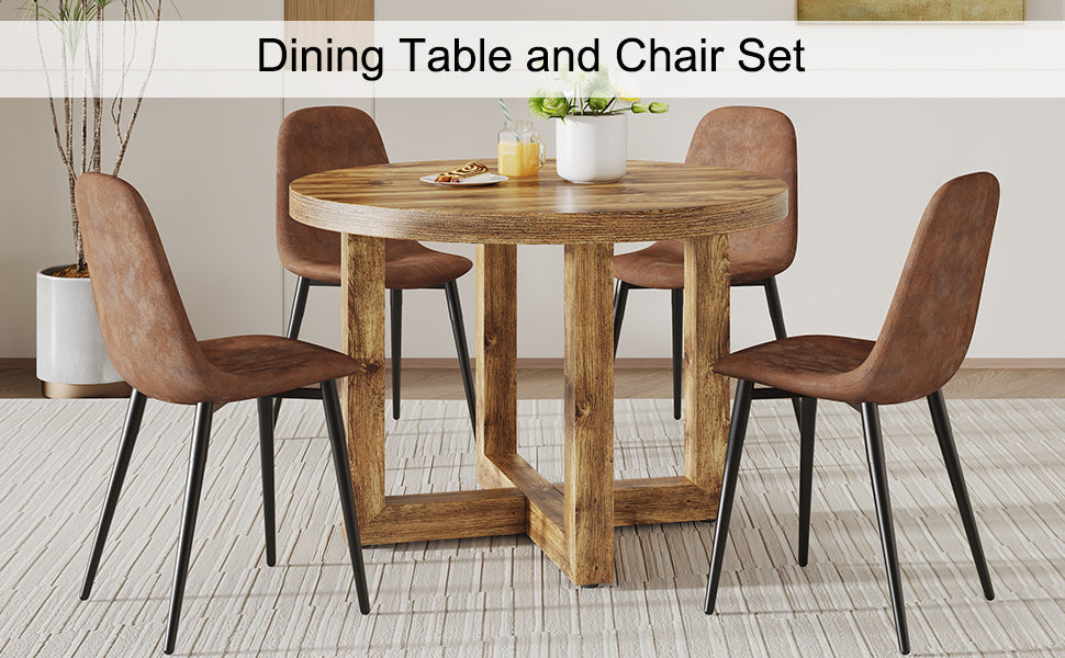 A Modern And Practical Circular Dining Table. Made Of Mdf Tabletop And Wooden Mdf Table Legs. A Set Of 4 Brown Cushioned Chairs.Ct 403B0501A Natural Wood Mdf