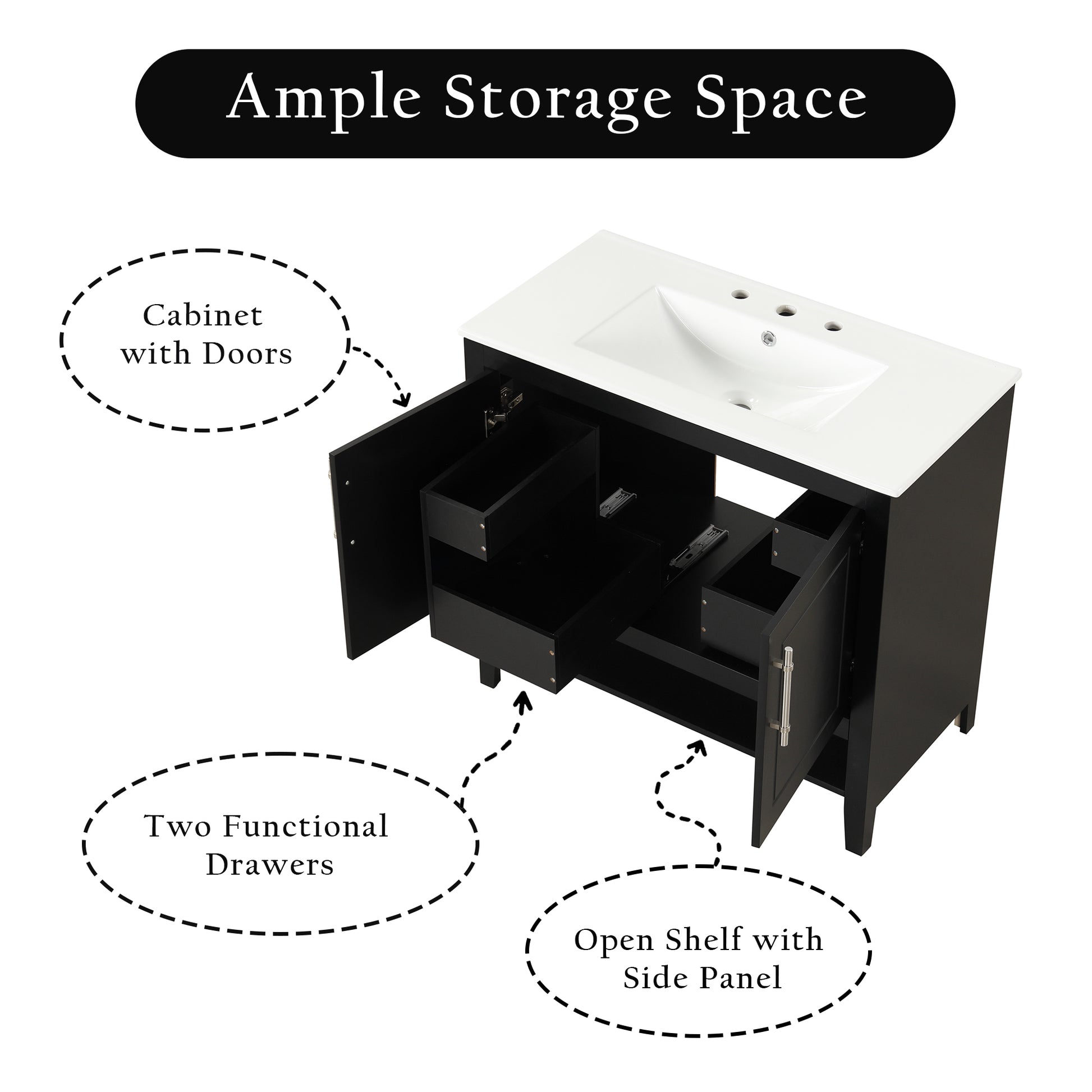 36" Bathroom Vanity With Sink, Multi Functional Bathroom Cabinet With Doors And Drawers, Mdf Frame And Mdf Board, Black Black Solid Wood Mdf