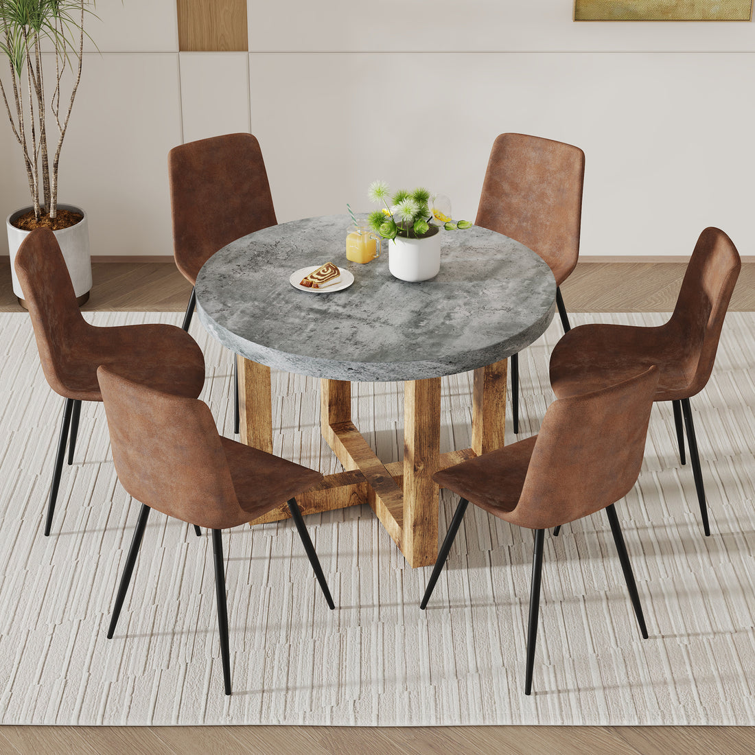 A Modern And Practical Circular Dining Table. Made Of Mdf Tabletop And Wooden Mdf Table Legs.A Set Of 6 Brown Cushioned Chairs In A Modern Medieval Style Restaurant. Ct 403B0502A Natural Wood Mdf