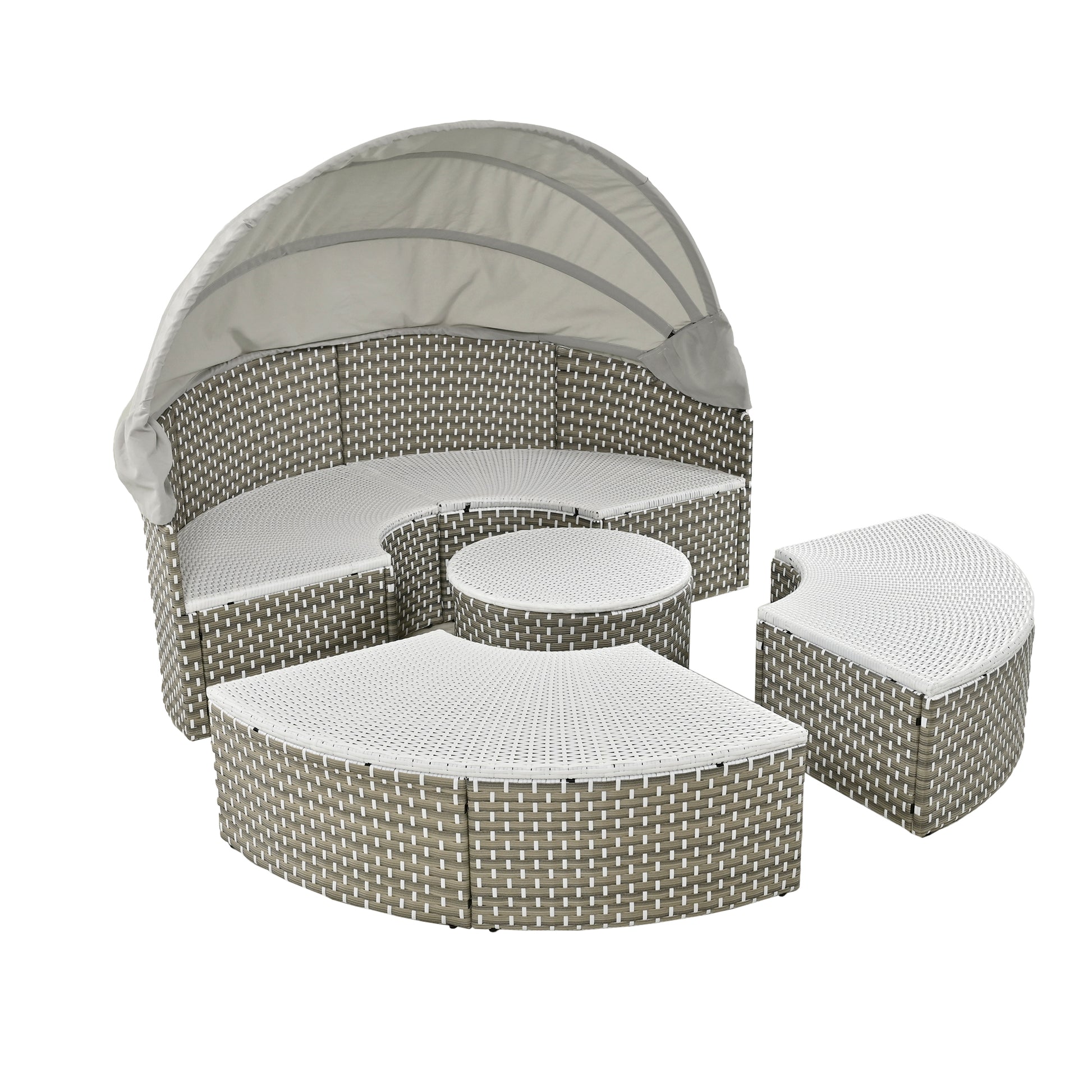 Patio Furniture Round Outdoor Sectional Sofa Set Rattan Daybed Two Tone Weave Sunbed With Retractable Canopy, Separate Seating And Removable Cushion, Gray Yes Sectional Gray Weather Resistant Frame Water Resistant Cushion Garden & Outdoor Luxury