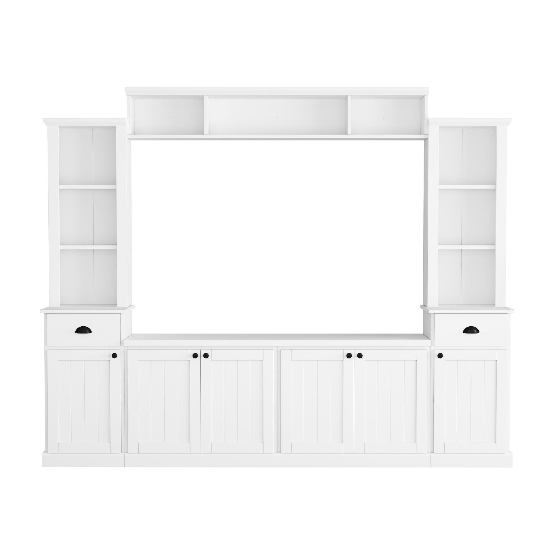 Minimalist Entertainment Wall Unit Set With Bridge For Tvs Up To 75'', Large Storage Space Tv Stand With Adjustable Shelves, Modernist Large Media Console For Living Room, White White Primary Living Space 70 79 Inches 70 79 Inches 75 Inches Particle