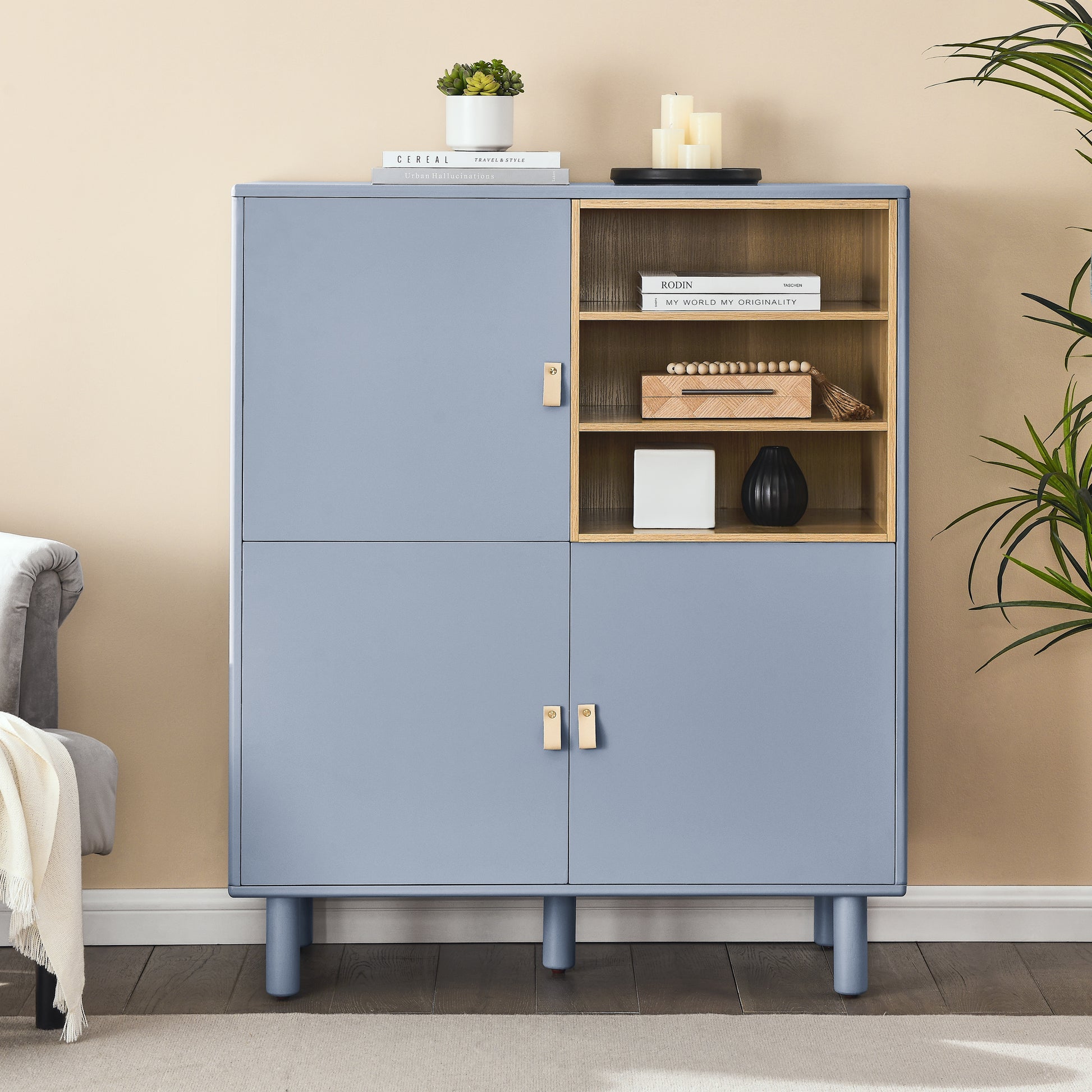 Storage Cabinet With Door, Multifunctional Storage Cabinet, Modern Sideboard Cabinet, Wooden Storage Cabinet, Leather Handle Drawer Cabinet, Home Storage Cabinet, Office Cabinet Blue Solid Wood Mdf