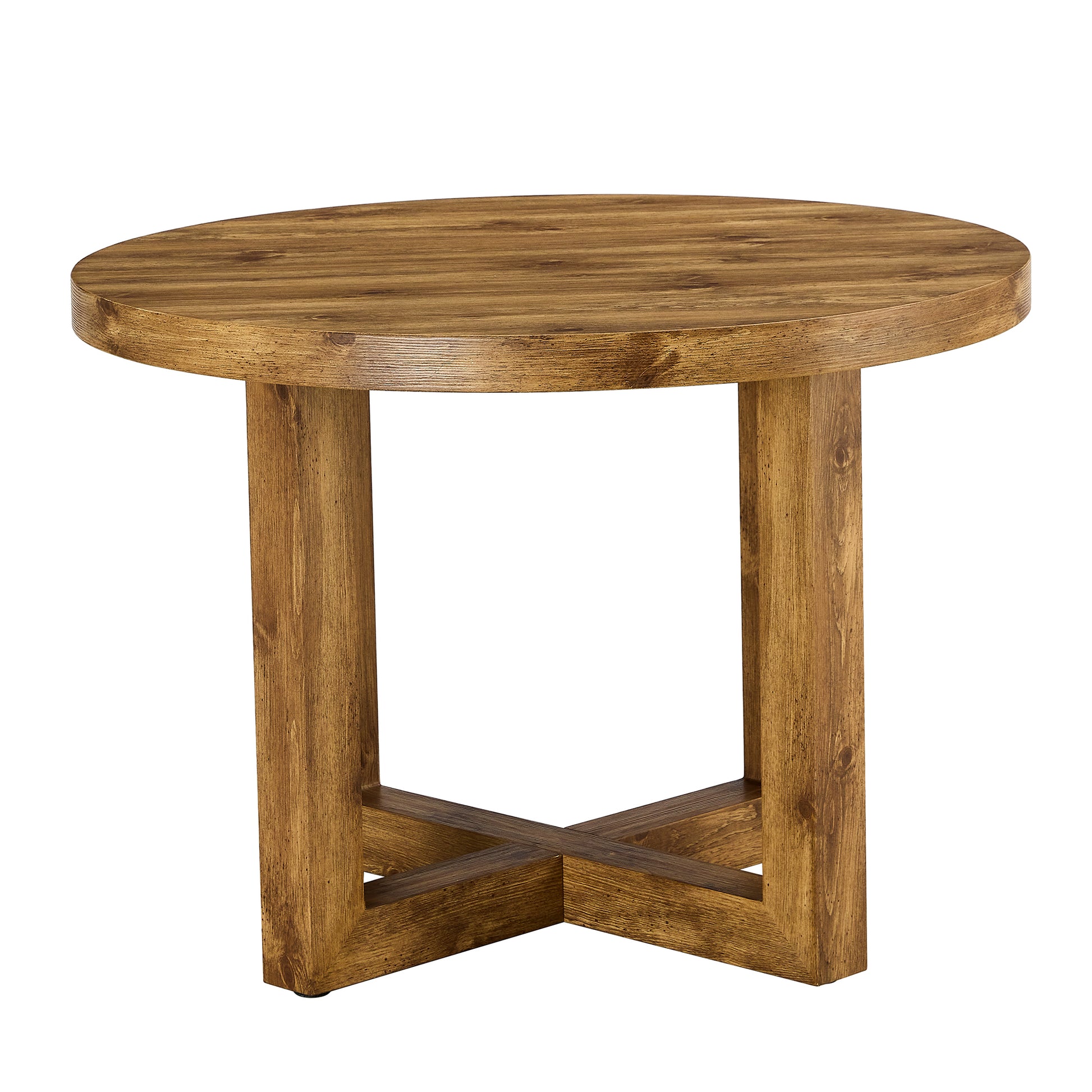 A Modern And Practical Circular Dining Table. Made Of Mdf Tabletop And Wooden Mdf Table Legs. A Set Of 4 Brown Cushioned Chairs.Ct 403B0501A Natural Wood Mdf