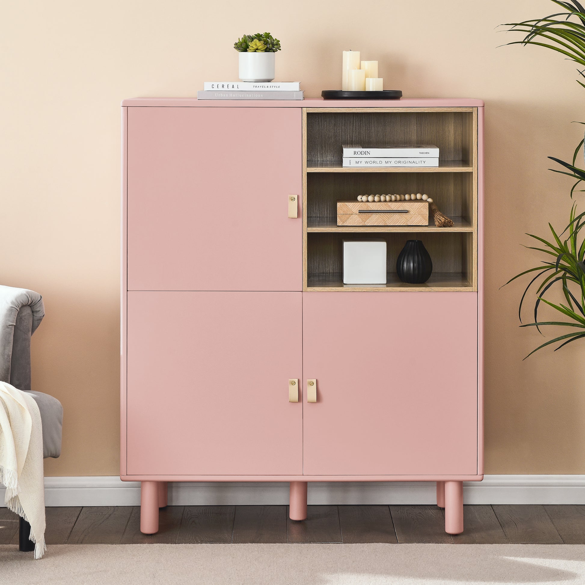 Storage Cabinet With Door, Multifunctional Storage Cabinet, Modern Sideboard Cabinet, Wooden Storage Cabinet, Leather Handle Drawer Cabinet, Home Storage Cabinet, Office Cabinet Pink Solid Wood Mdf