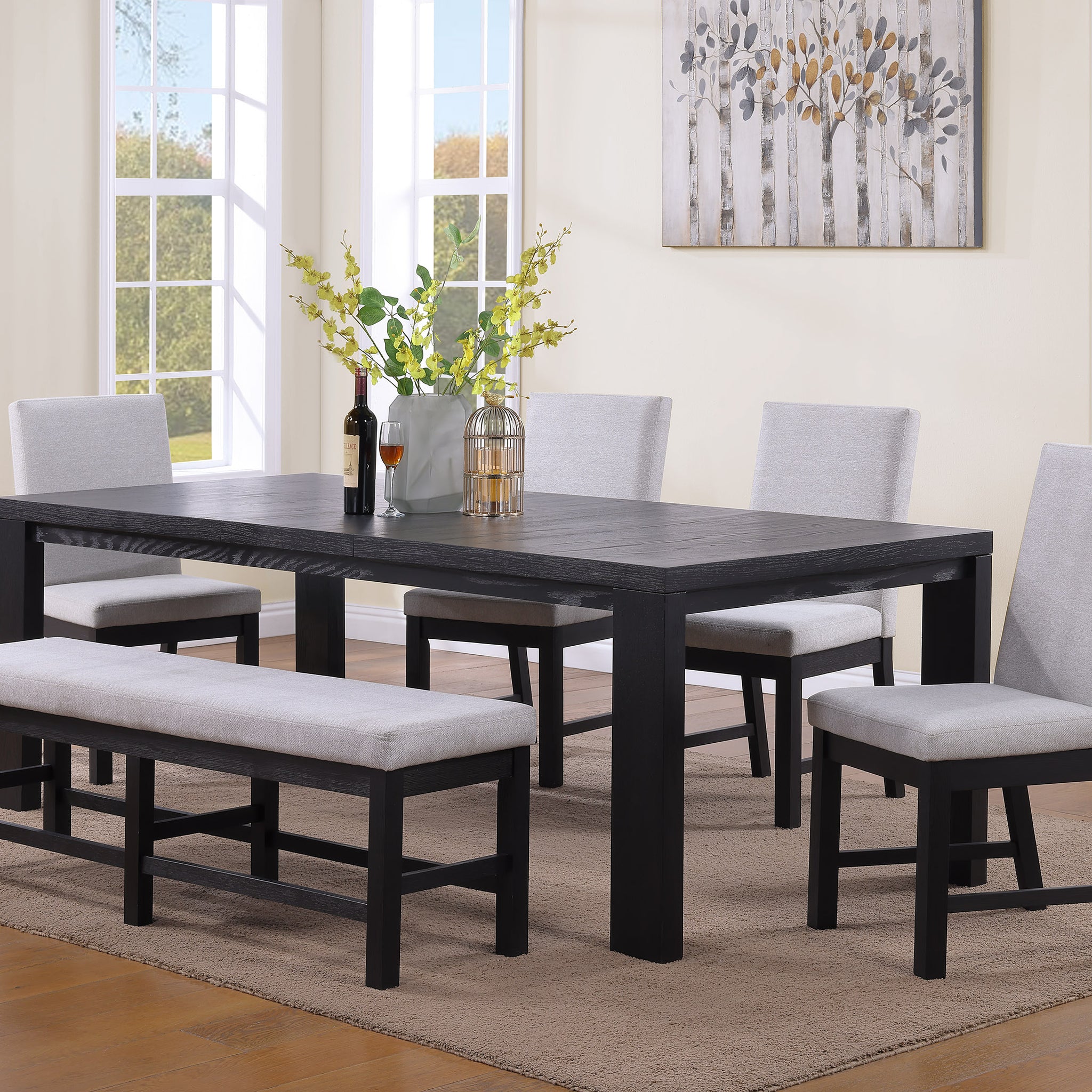 6 Pc Contemporary Dining Set 18" Leaf Extendable Formal Table Rectangular Bench & Chairs Black Finish Grey Fabric Upholstery Transitional Contemporary Dining Room Wooden Furniture Wood Wood Black Seats 6 Wood Dining Room Extendable