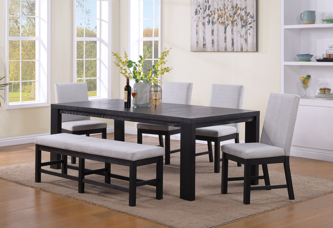 6 Pc Contemporary Dining Set 18" Leaf Extendable Formal Table Rectangular Bench & Chairs Black Finish Grey Fabric Upholstery Transitional Contemporary Dining Room Wooden Furniture Wood Wood Black Seats 6 Wood Dining Room Extendable