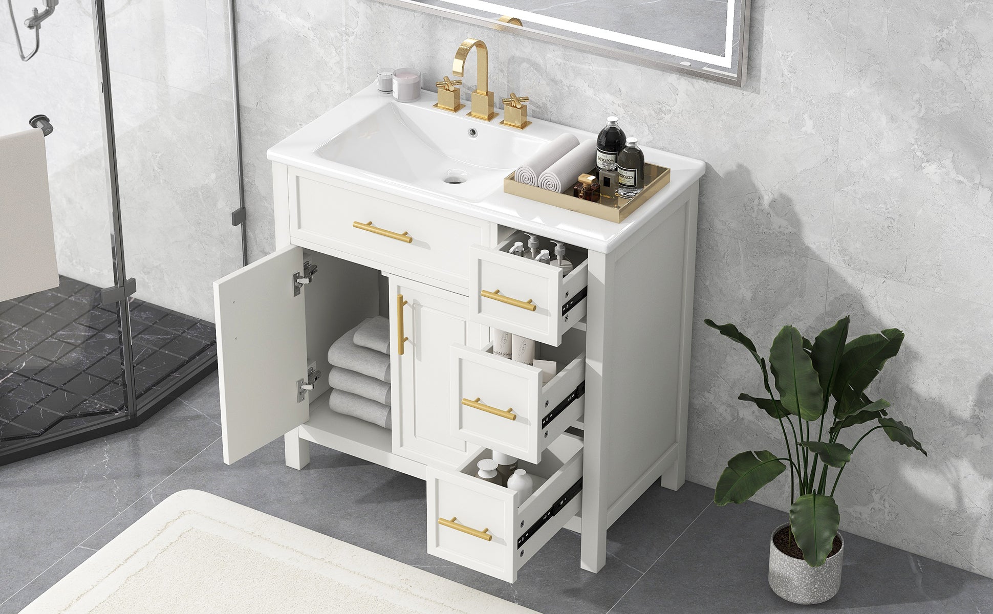 36" Bathroom Vanity With Sink Top, Bathroom Vanity Cabinet With Two Doors And Three Drawers, Solid Woodmdf Boards ,One Package, White White Solid Wood Mdf