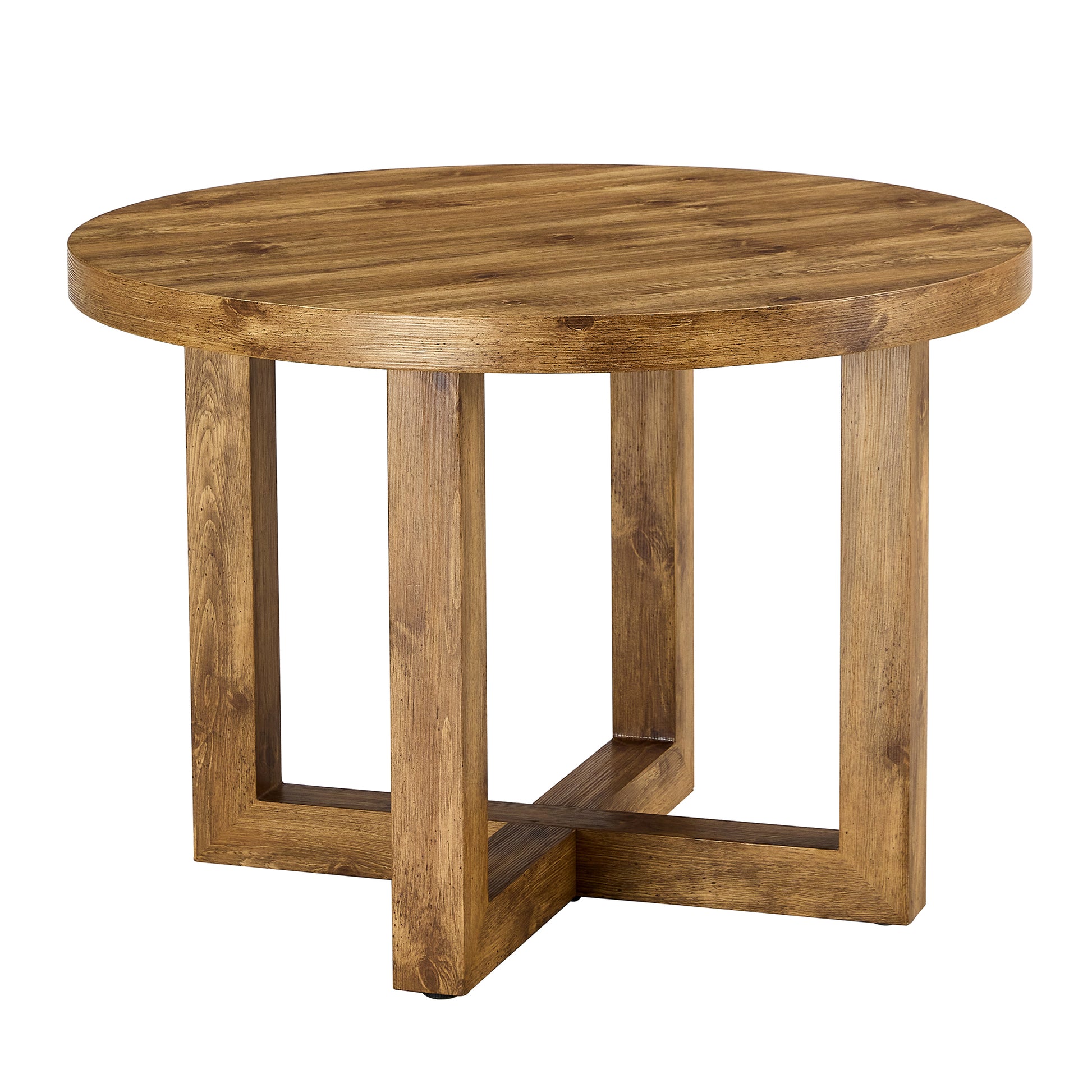 A Modern And Practical Circular Dining Table. Made Of Mdf Tabletop And Wooden Mdf Table Legs. A Set Of 6 Brown Cushioned Chairs.Ct B0501A Natural Wood Mdf