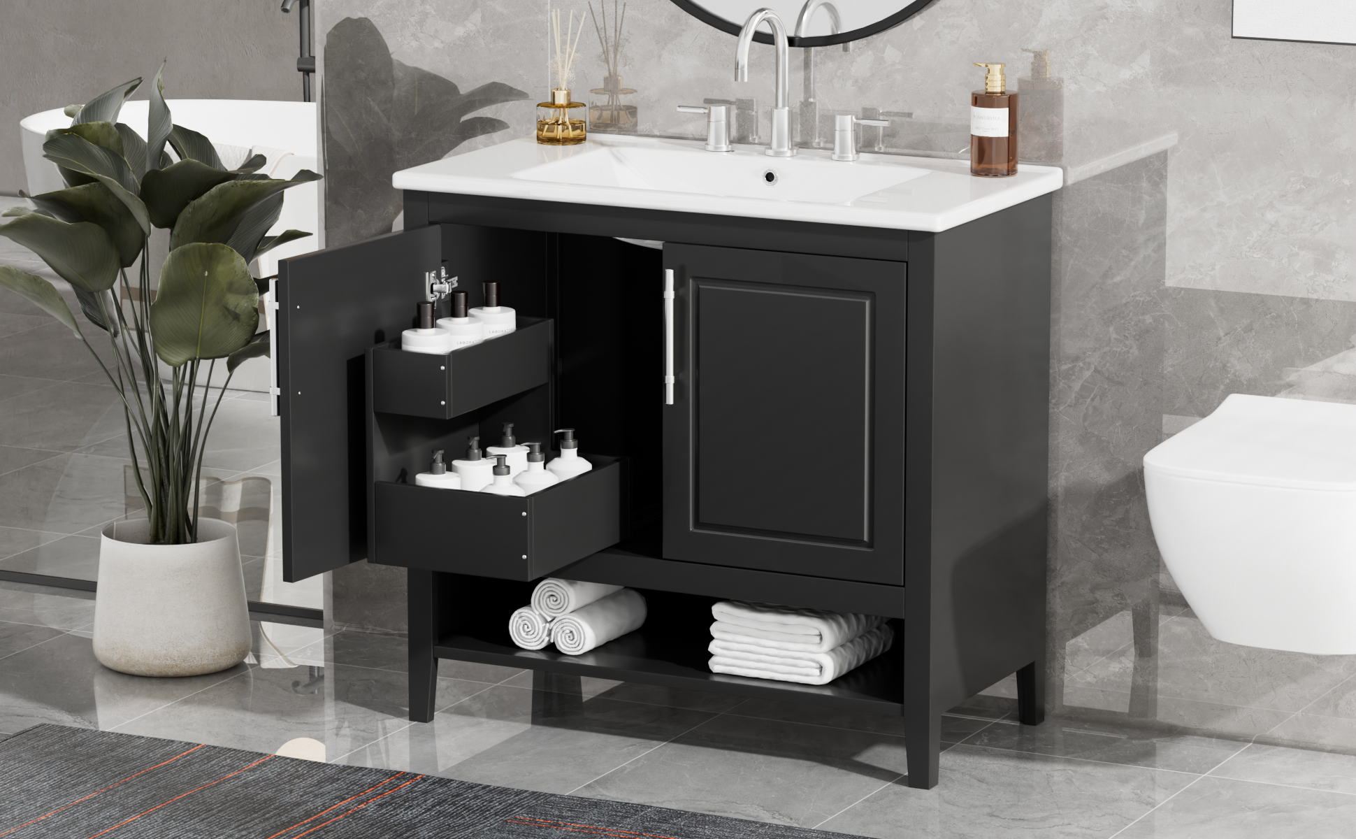 36" Bathroom Vanity With Sink, Multi Functional Bathroom Cabinet With Doors And Drawers, Mdf Frame And Mdf Board, Black Black Solid Wood Mdf