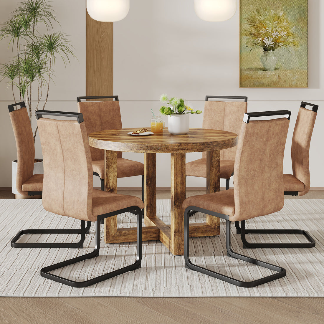 A Modern And Practical Circular Dining Table. Made Of Mdf Tabletop And Wooden Mdf Table Legs. 6 Piece Technology Cloth High Backrest Cushion Side Chair, C Shaped Tube Black Metal Legs. Ct 403C 1162 Brown Mdf