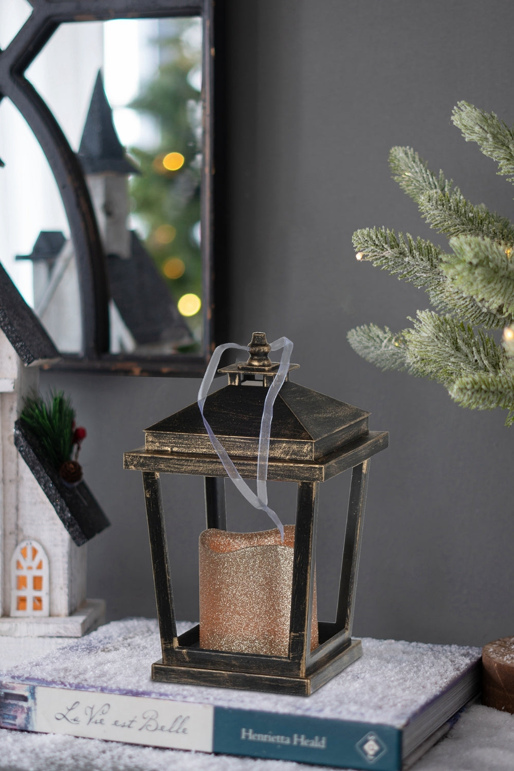 Set of 2 Menifee Lantern with Led Candle, Short bronze-antique-contemporary-modern-plastic