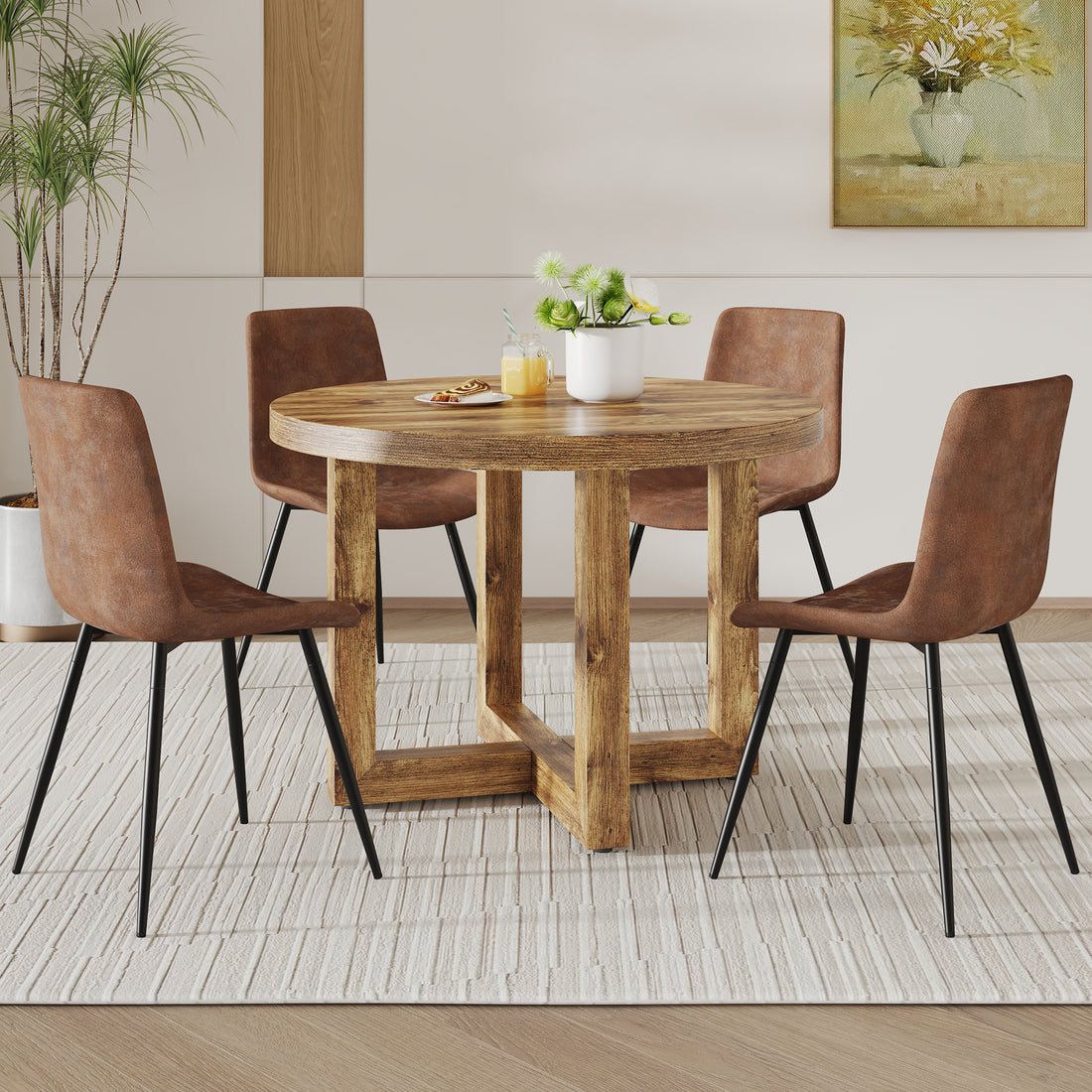 A Modern And Practical Circular Dining Table. Made Of Mdf Tabletop And Wooden Mdf Table Legs.A Set Of 4 Brown Cushioned Chairs In A Modern Medieval Style Restaurant. Ct 403B0502A Natural Wood Mdf