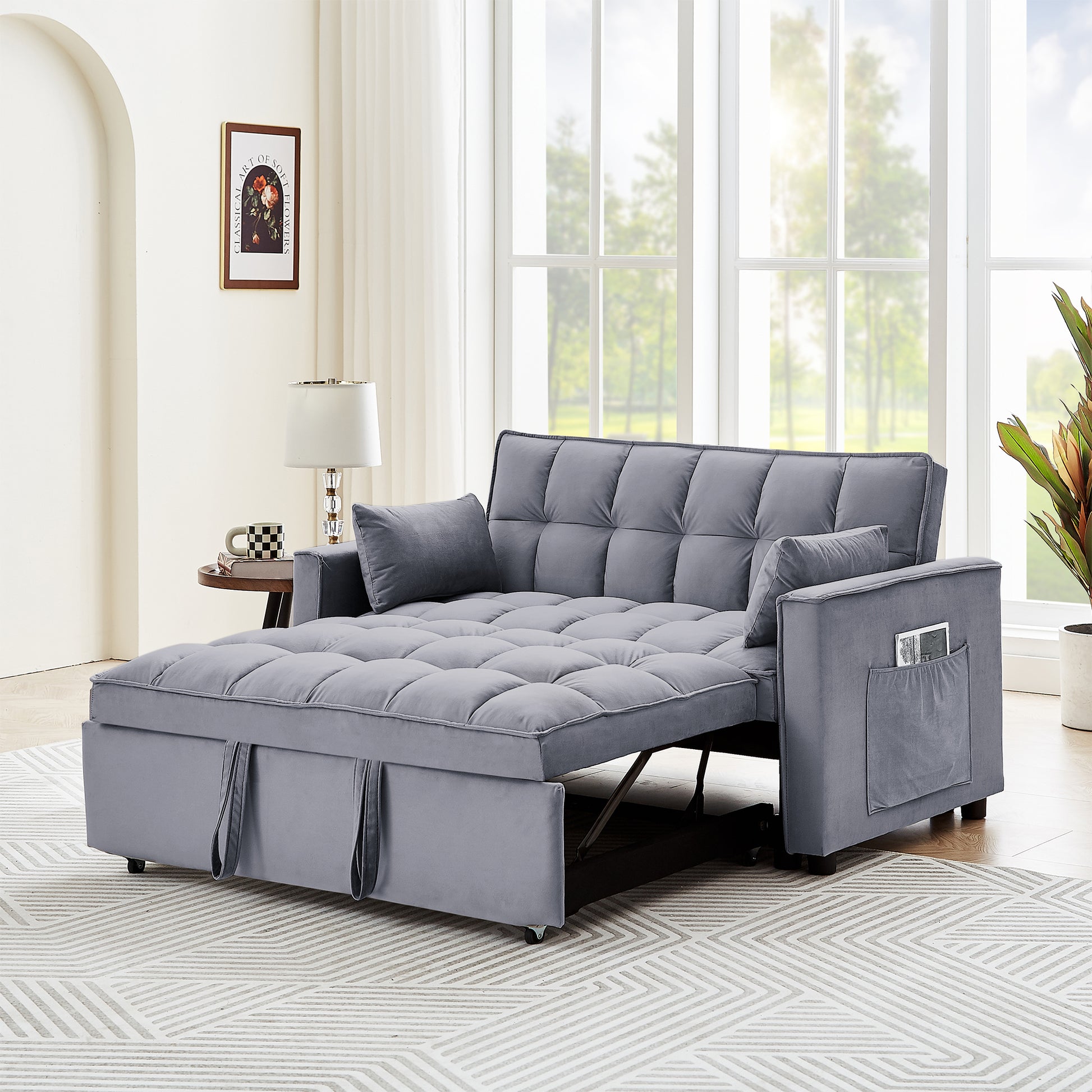 Sleeper Sofa Couch W Pull Out Bed, 55" Modern Velvet Convertible Sleeper Sofa Bed, Small Beautiful Seat Sofa Bed W Pillows & Side Pockets For Small Space, Living Room, Apartment,Dark Gray Gray Velvet