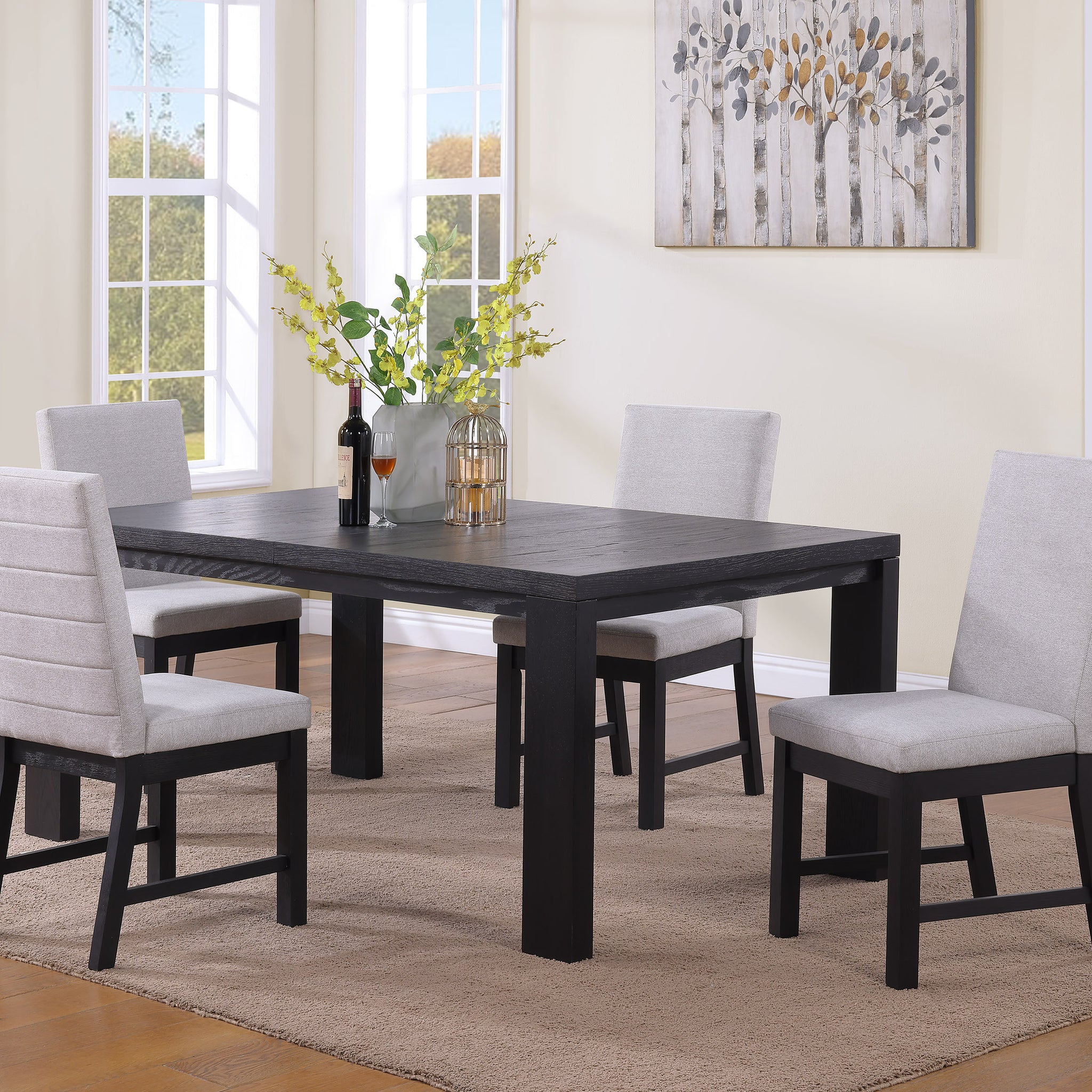 5 Pc Contemporary Dining Set 18" Leaf Extendable Formal Table Rectangular Grey Fabric Upholstery Chairs Black Finish Transitional Contemporary Dining Room Wooden Furniture Wood Wood Black Seats 4 Wood Dining Room Extendable Contemporary,Transitional