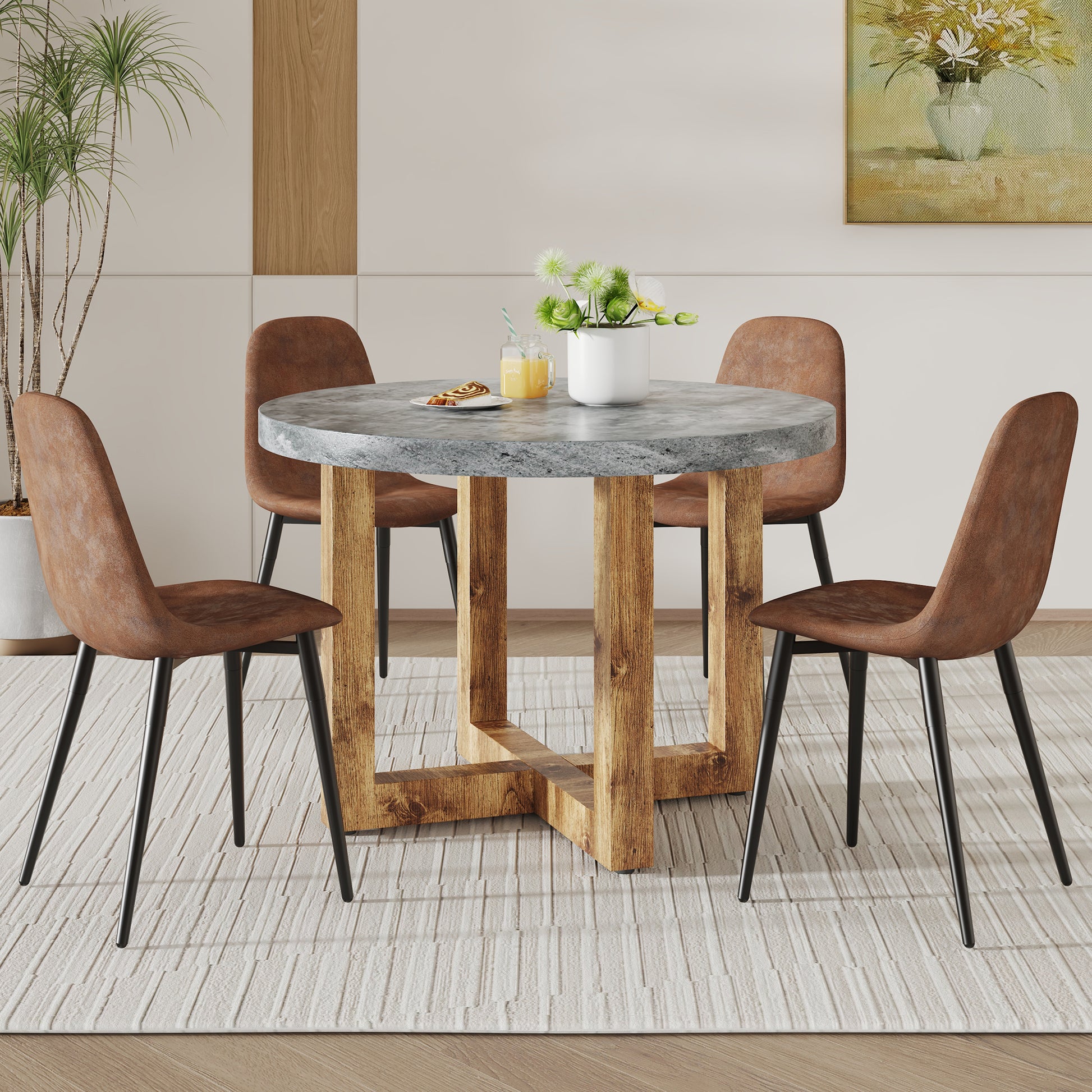 A Modern And Practical Circular Dining Table. Made Of Mdf Tabletop And Wooden Mdf Table Legs. A Set Of 4 Brown Cushioned Chairs.Ct 403B0501A Natural Wood Mdf