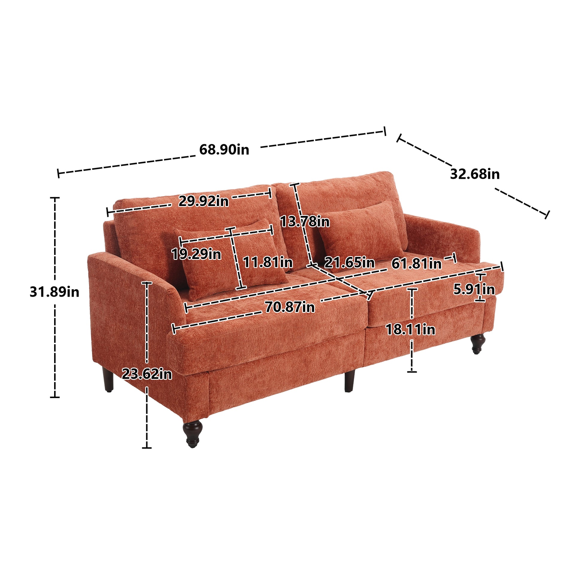 Coolmore Mid Century Modern Chenille Fabric Loveseat Sofa, 2 Seat Upholstered Loveseat Sofa Modern Couch For Living Room,Brown Wood Feet Sofa For Bedroom, Reading Orange Chenille Dark Orange Chenille 2 Seat