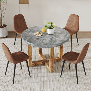 A Modern And Practical Circular Dining Table. Made Of Mdf Tabletop And Wooden Mdf Table Legs. A Set Of 4 Brown Cushioned Chairs.Ct 403B0501A Natural Wood Mdf