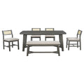 6 Piece Retro Farmhouse Style Dining Set, Rectangular Table And 4 Upholstered Chairs With Rattan And Bench For Dining Room And Kitchen Gray Gray Solid Wood Mdf