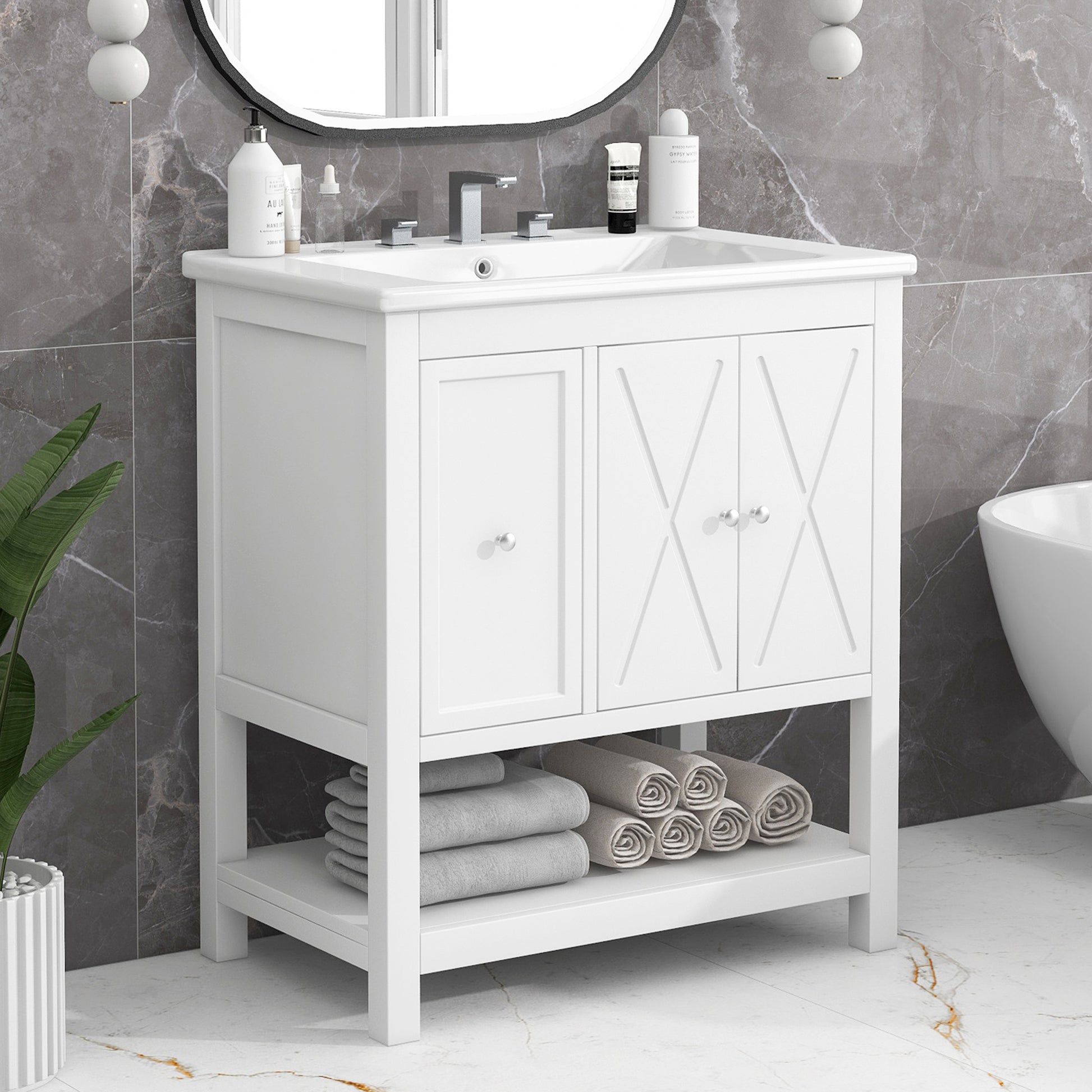 30" Bathroom Vanity With Sink Top, Bathroom Vanity Cabinet With Two Doors And One Drawer, Mdf Boards, Solid Wood, One Package, White White Solid Wood Mdf