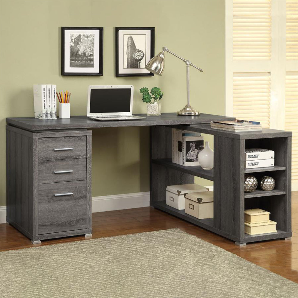 L Shape Office Desk With Drawers And Shelves, Weathered Grey Grey Office L Shape Particle Board Mdf